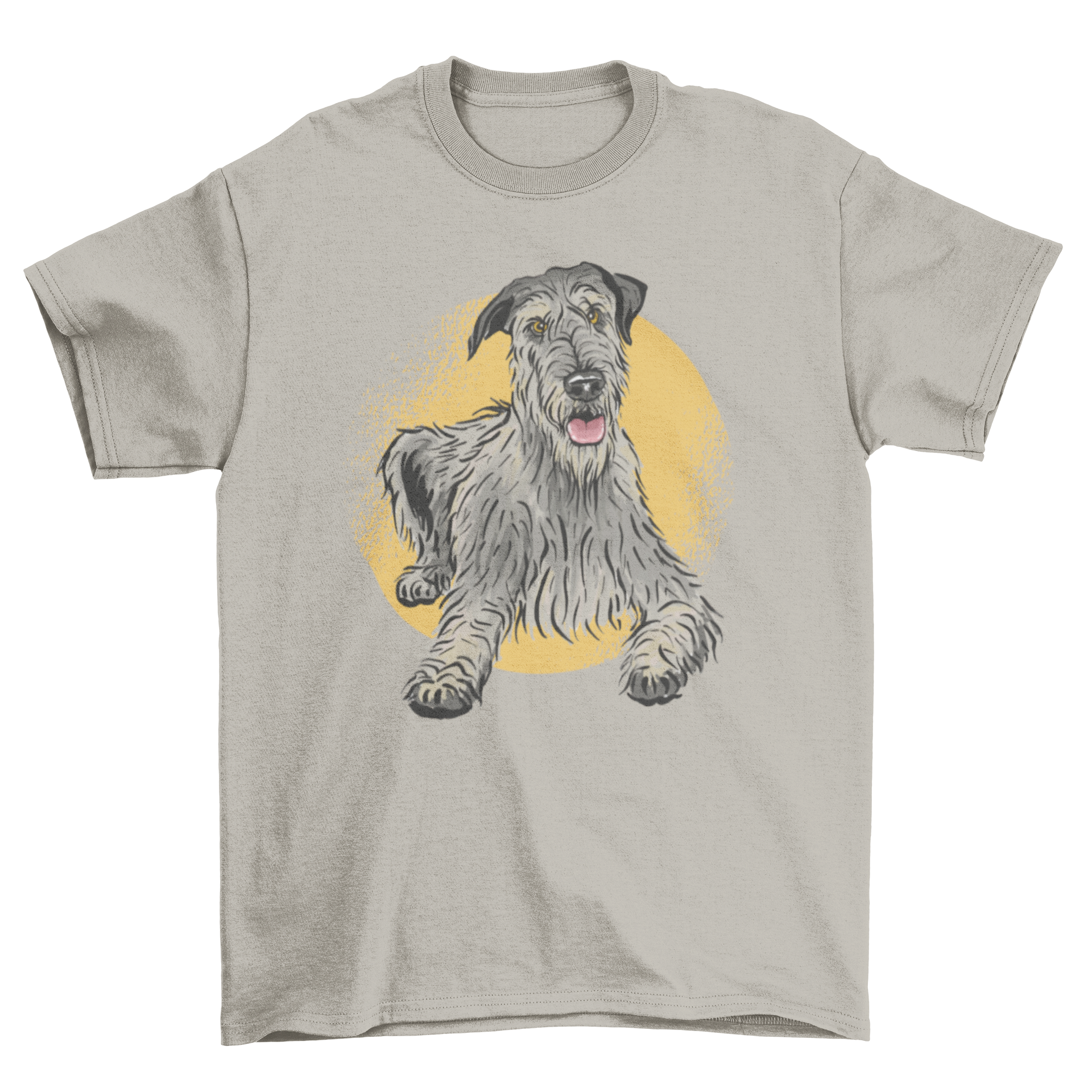 Cute hound dog t-shirt featuring an Irish wolfhound lying down, showcasing a charming graphic design.