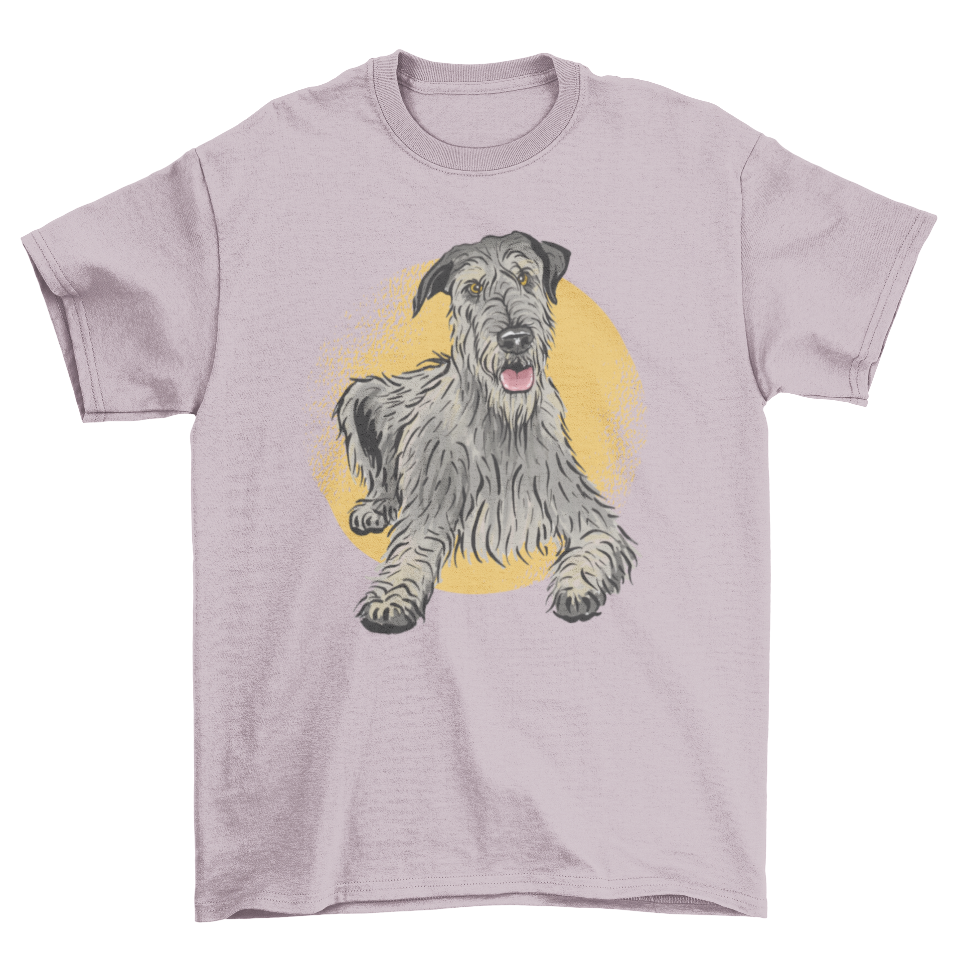 Cute hound dog t-shirt featuring an Irish wolfhound lying down, showcasing a charming graphic design.