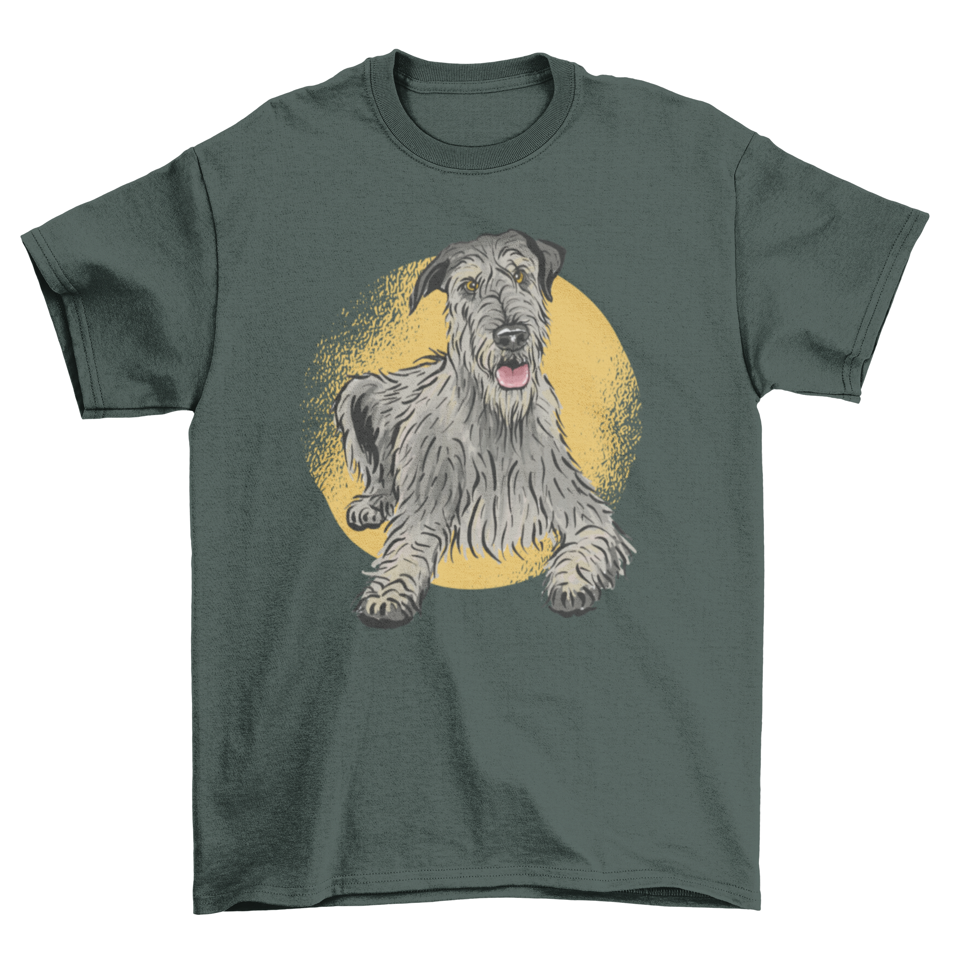 Cute hound dog t-shirt featuring an Irish wolfhound lying down, showcasing a charming graphic design.