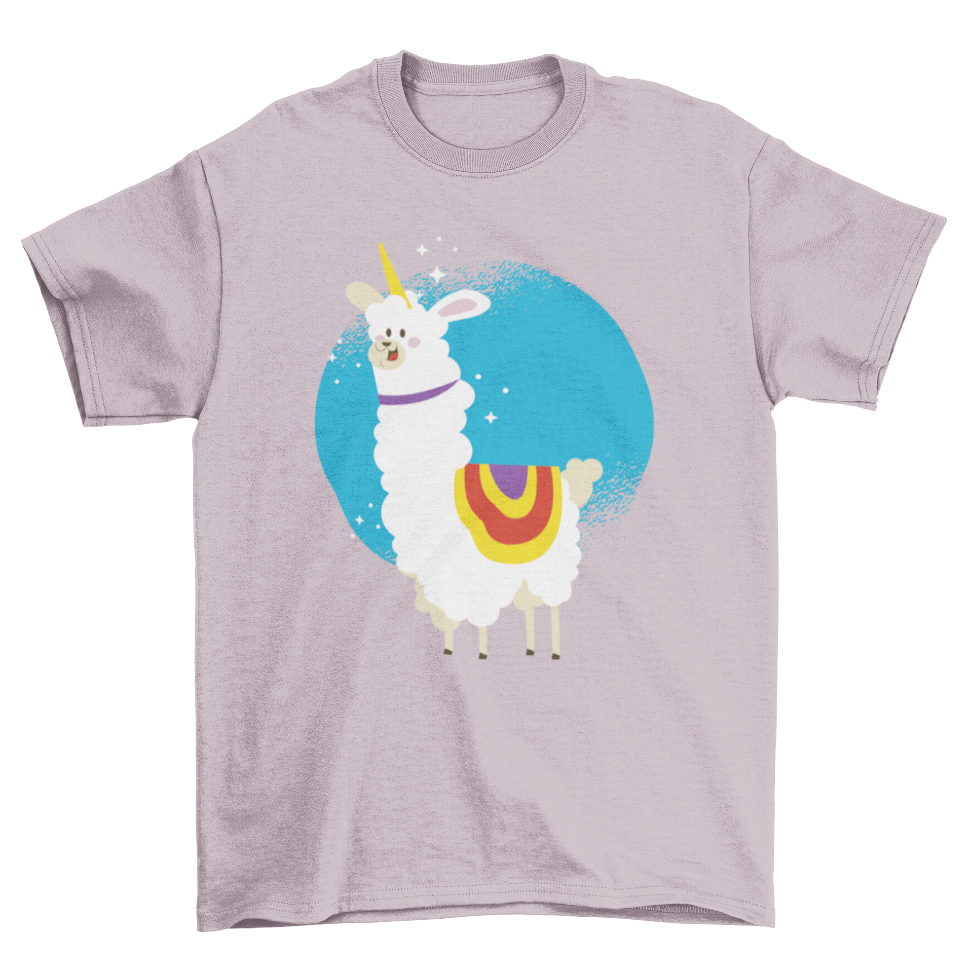 Cute illustration of an alpaca with a unicorn horn on a t-shirt, showcasing a whimsical design.