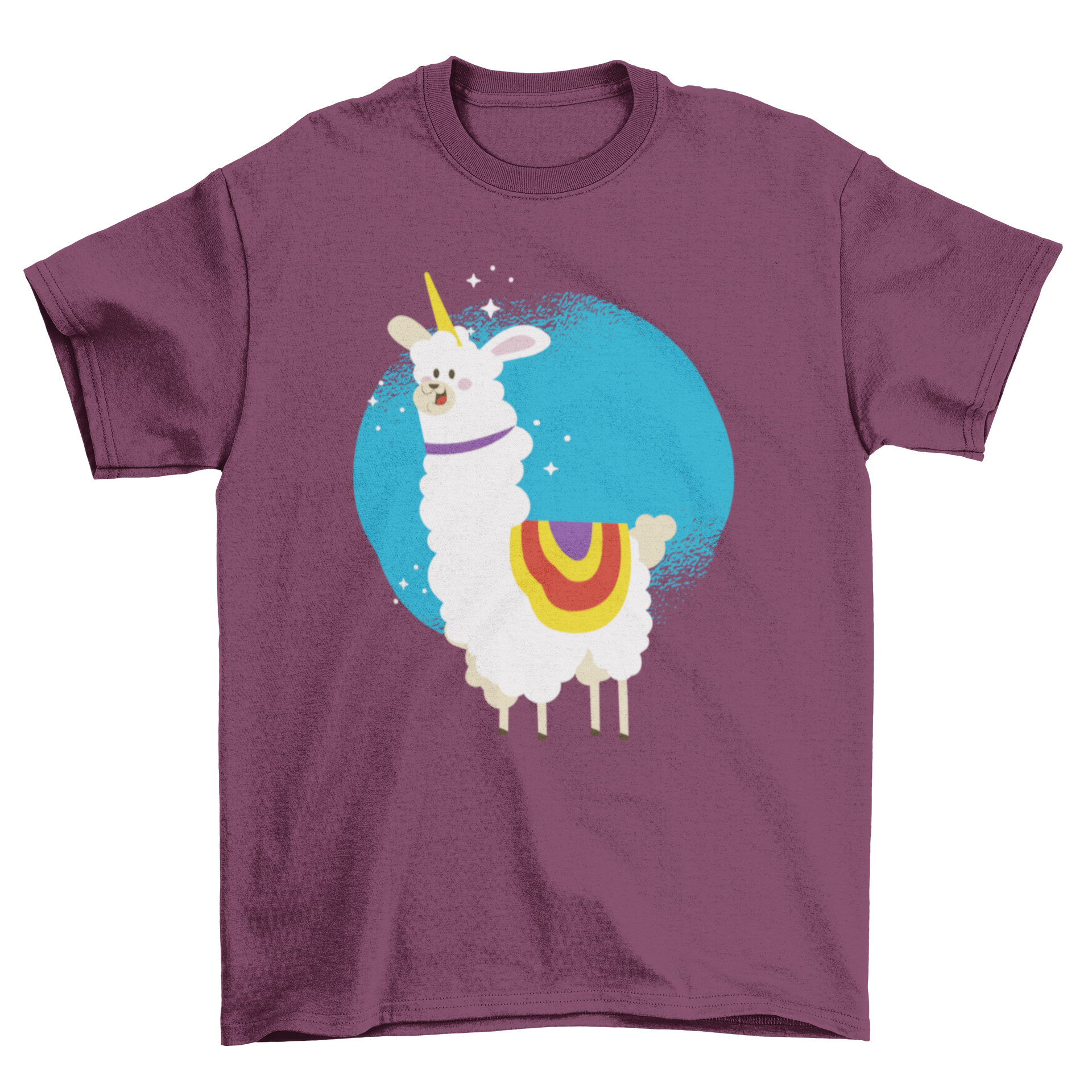 Cute illustration of an alpaca with a unicorn horn on a t-shirt, showcasing a whimsical design.