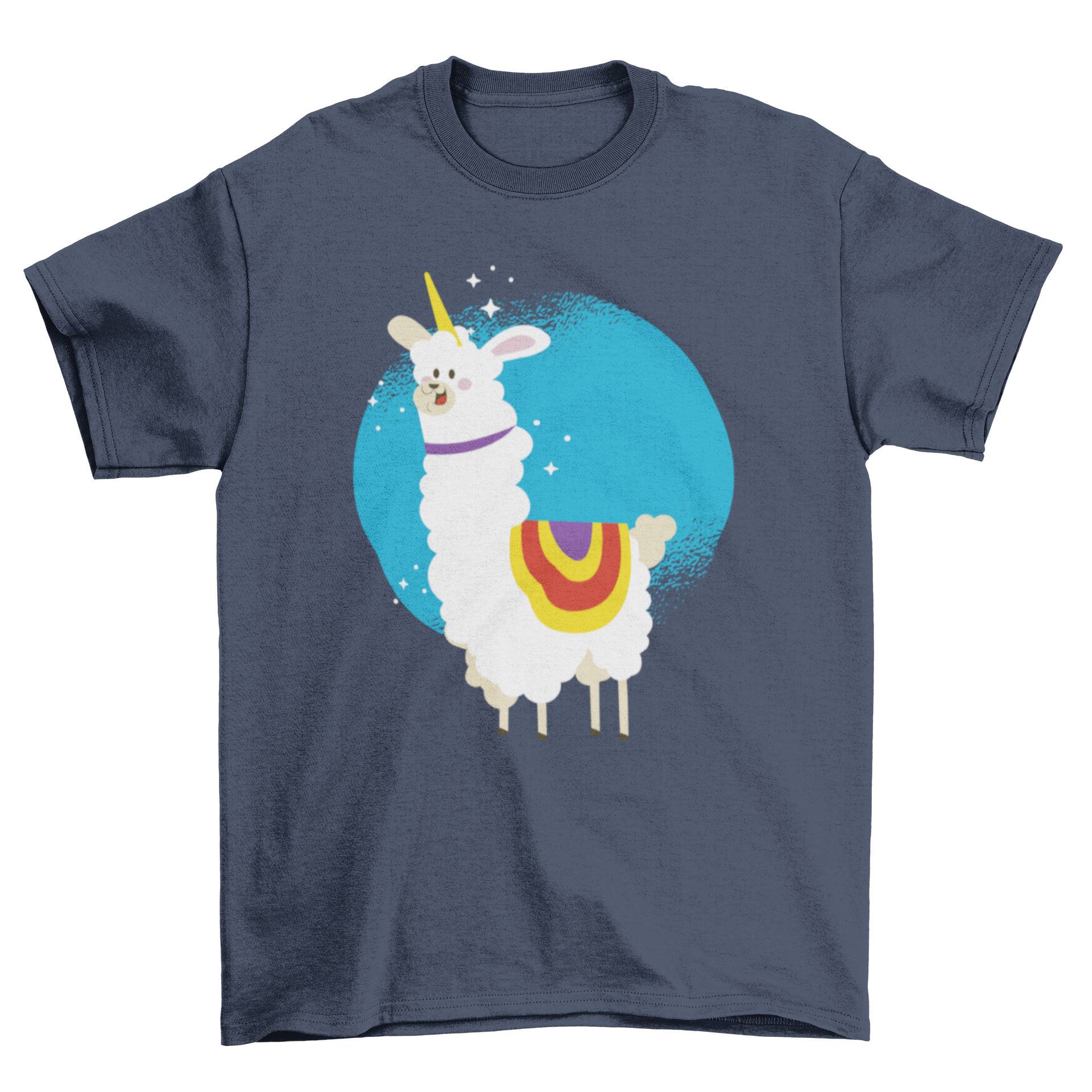 Cute illustration of an alpaca with a unicorn horn on a t-shirt, showcasing a whimsical design.