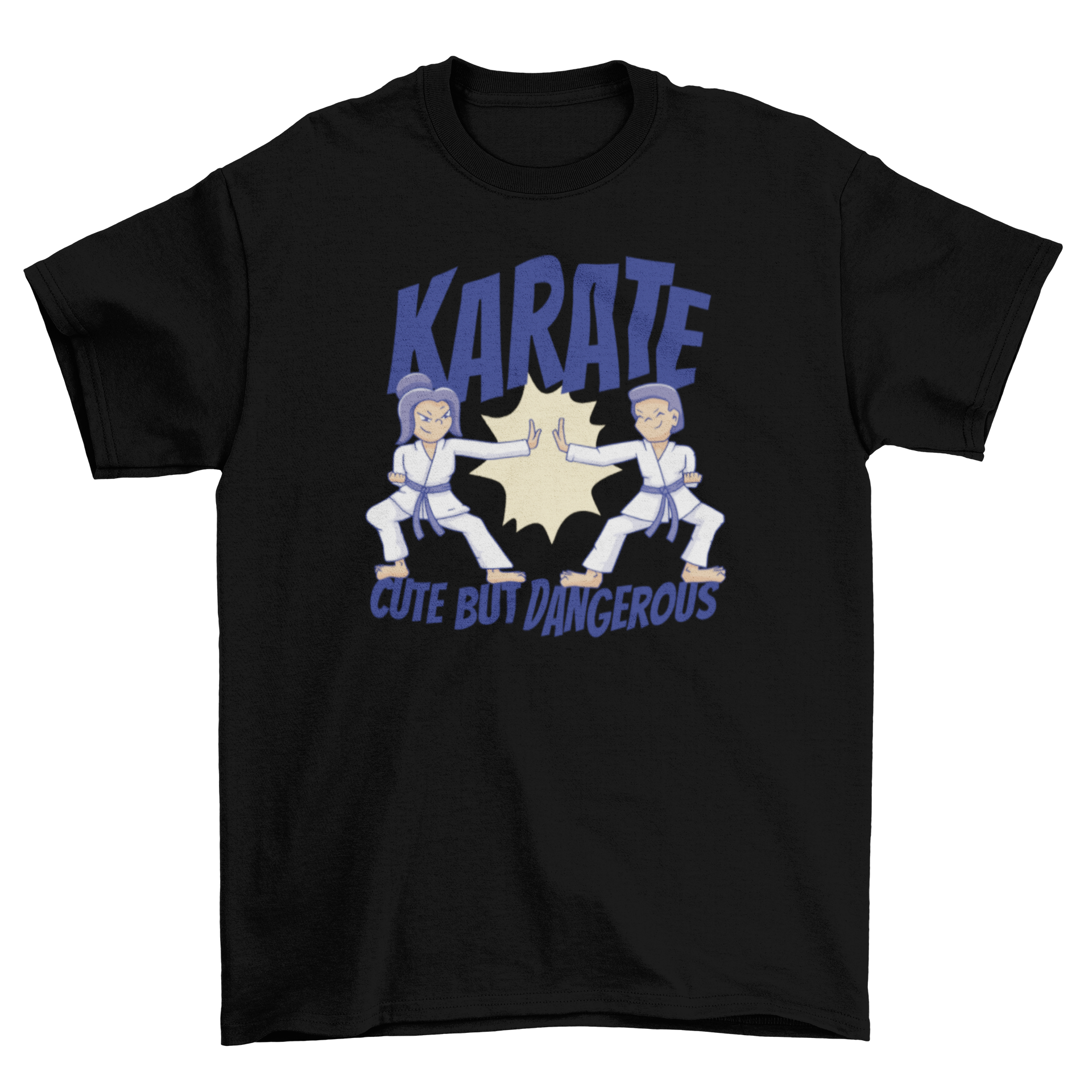 Cute karate t-shirt featuring two fighters and the quote 'Karate cute but dangerous' in a vibrant design.