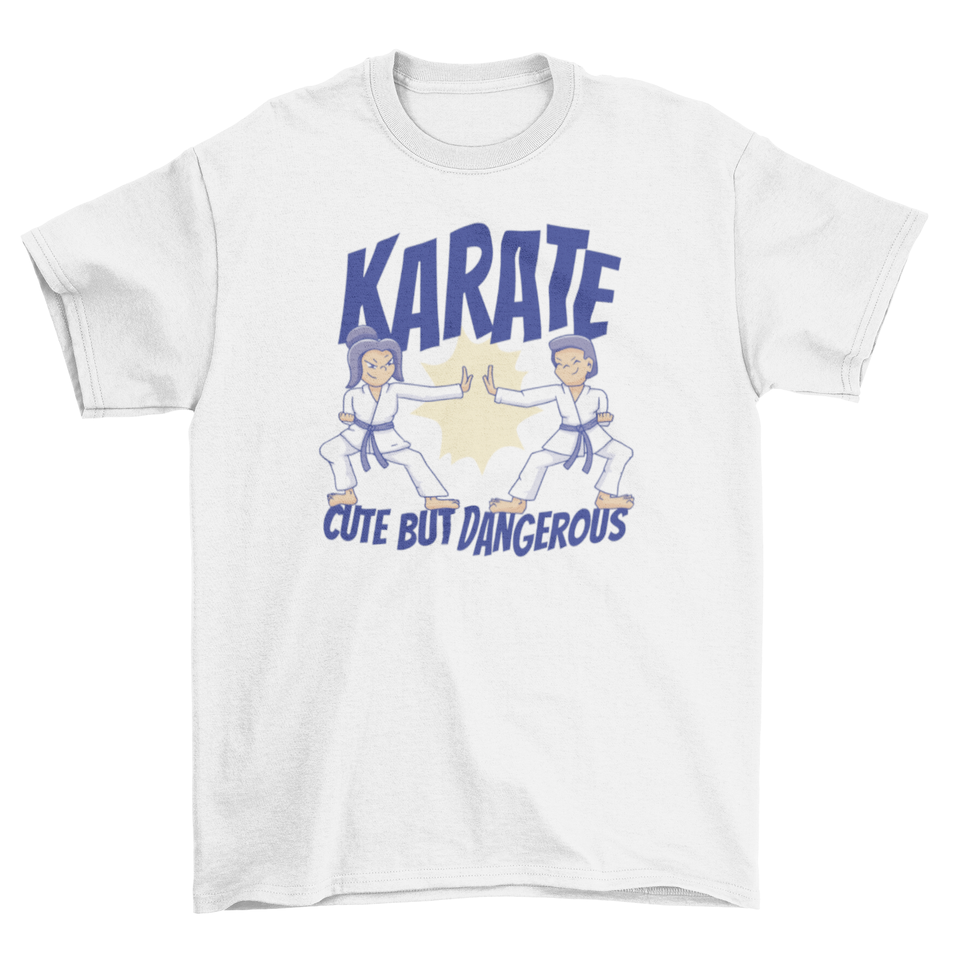 Cute karate t-shirt featuring two fighters and the quote 'Karate cute but dangerous' in a vibrant design.