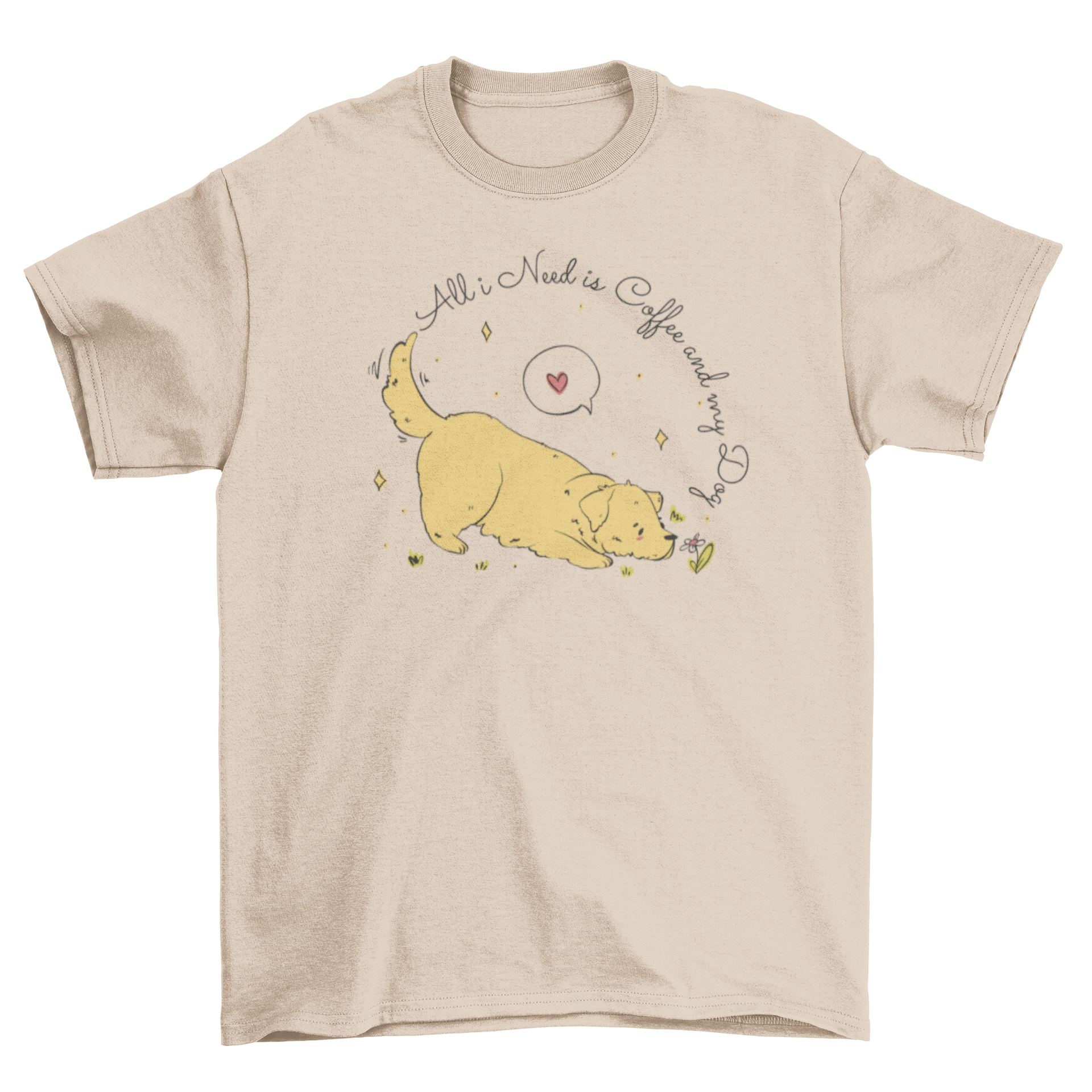 Cute labrador dog t-shirt featuring a playful quote about coffee and dogs.