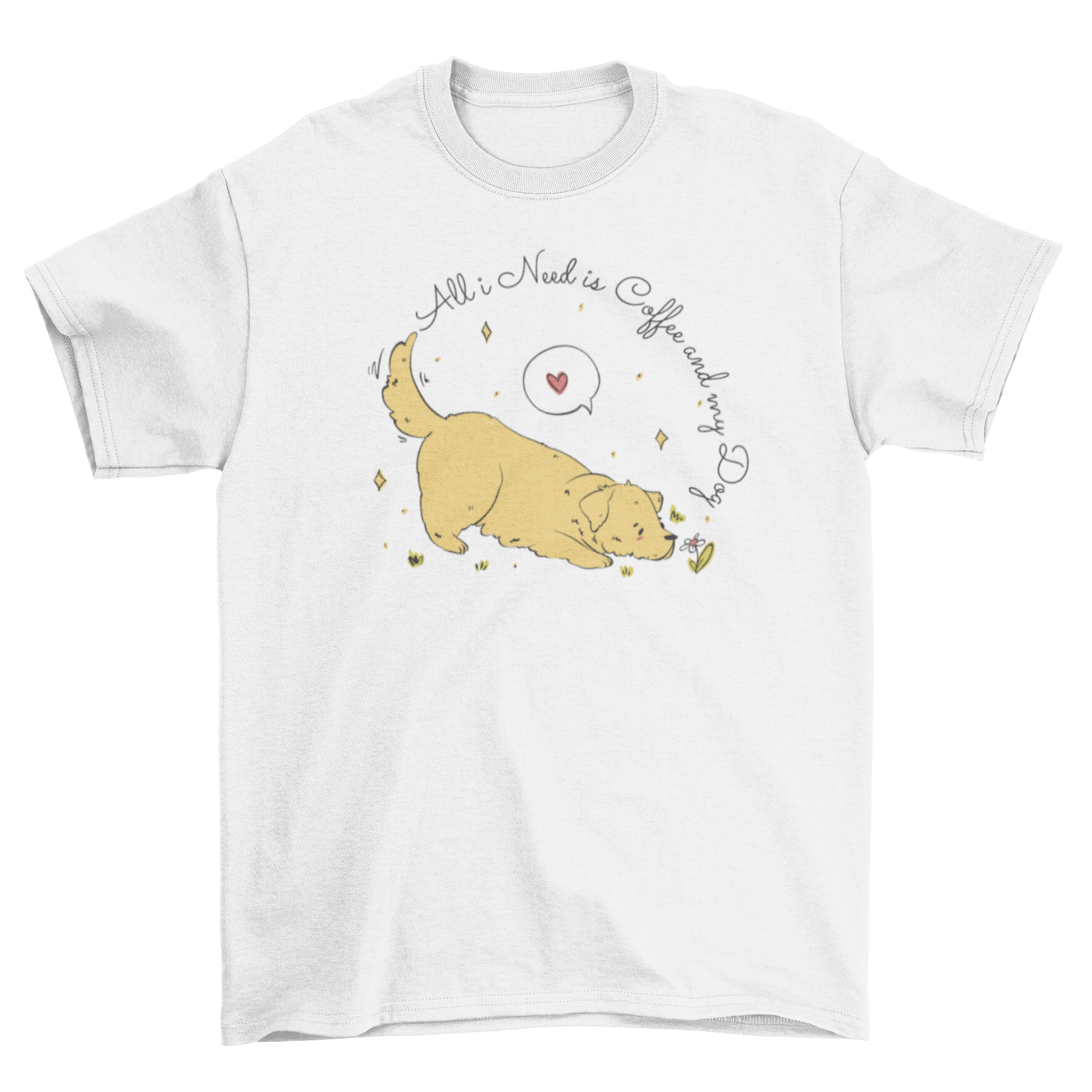 Cute labrador dog t-shirt featuring a playful quote about coffee and dogs.