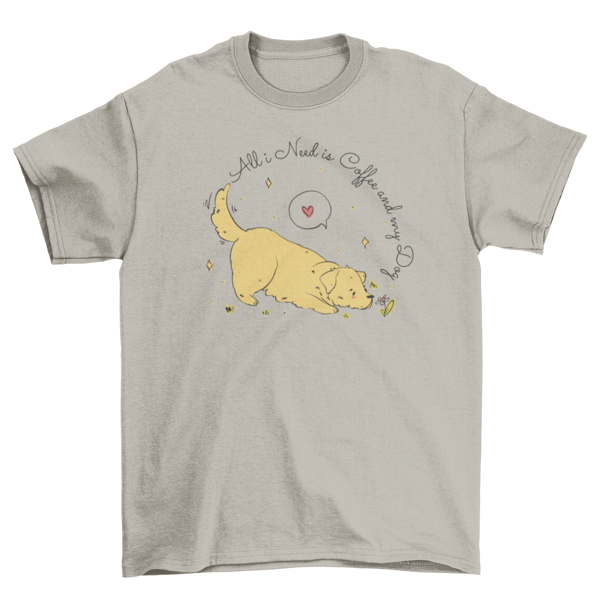 Cute labrador dog t-shirt featuring a playful quote about coffee and dogs.