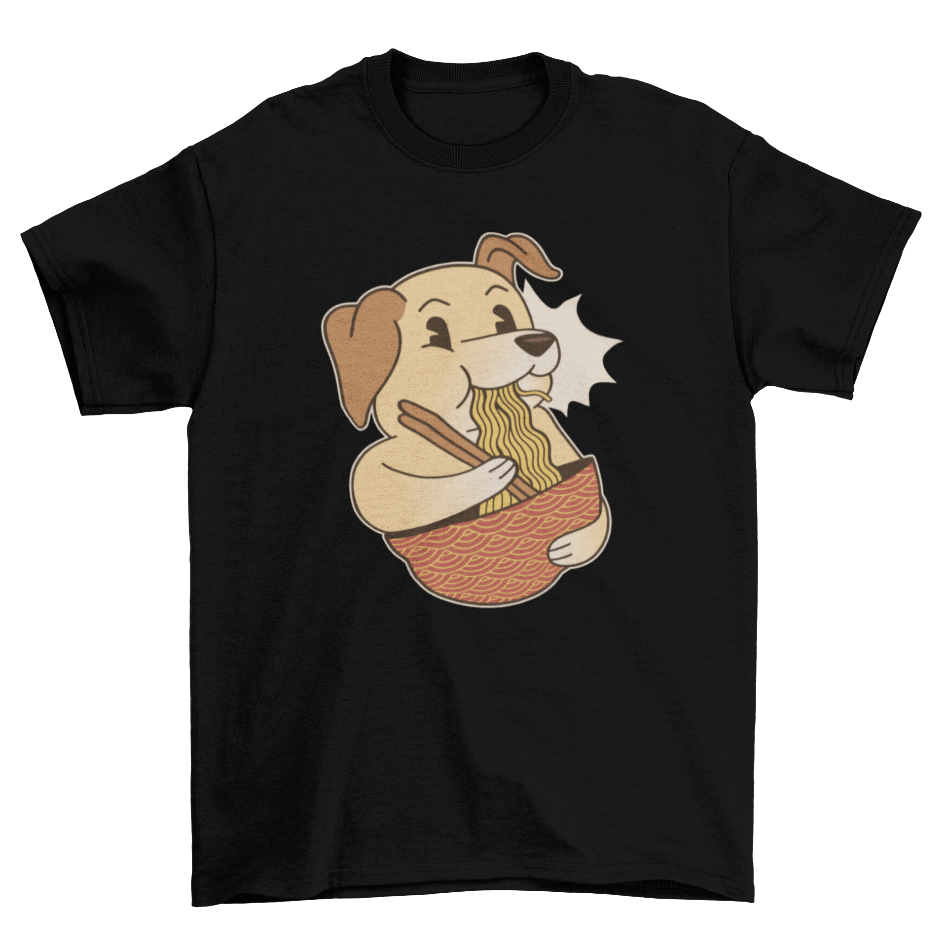 Cute Labrador cartoon character enjoying ramen from a bowl on a t-shirt.