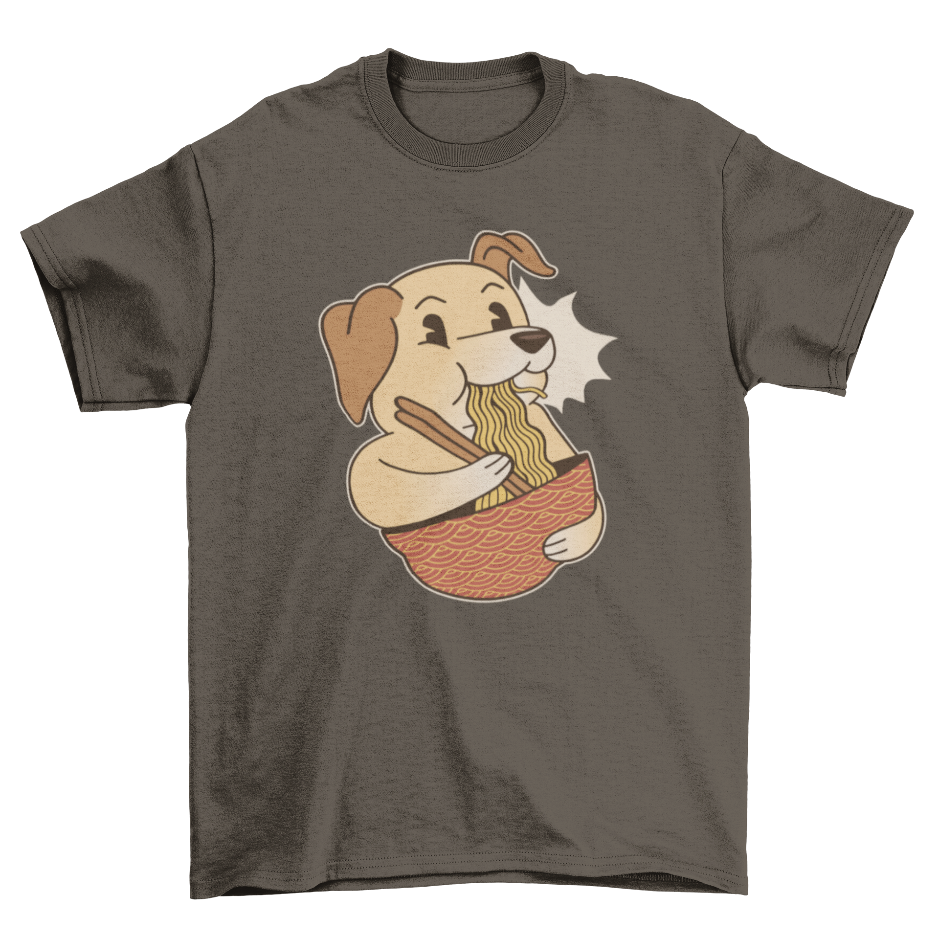 Cute Labrador cartoon character enjoying ramen from a bowl on a t-shirt.