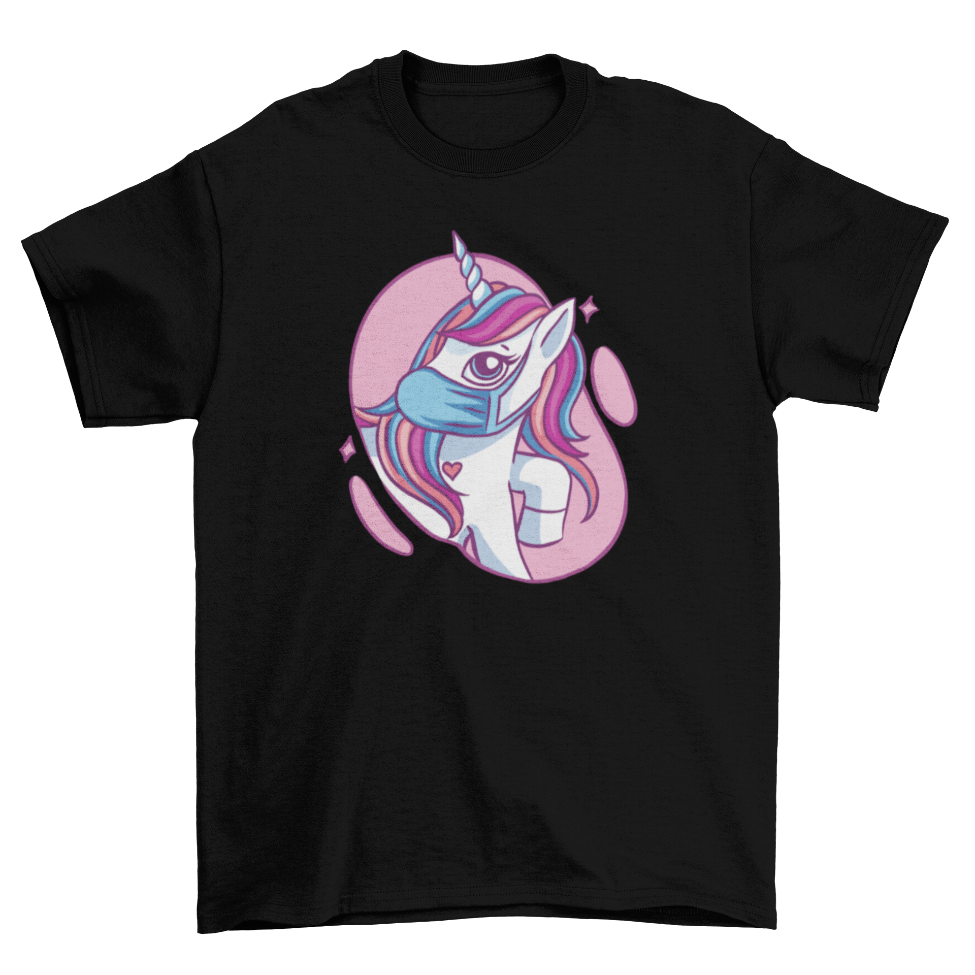 Cute t-shirt featuring a cartoon unicorn wearing a colorful face mask, perfect for kids and adults.