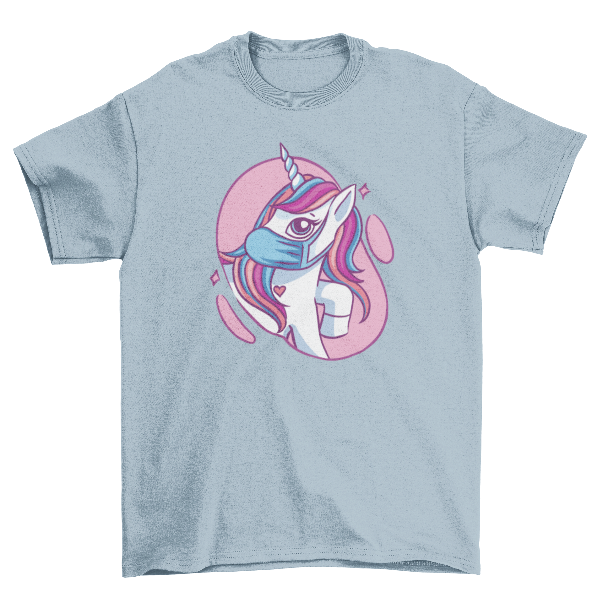 Cute t-shirt featuring a cartoon unicorn wearing a colorful face mask, perfect for kids and adults.