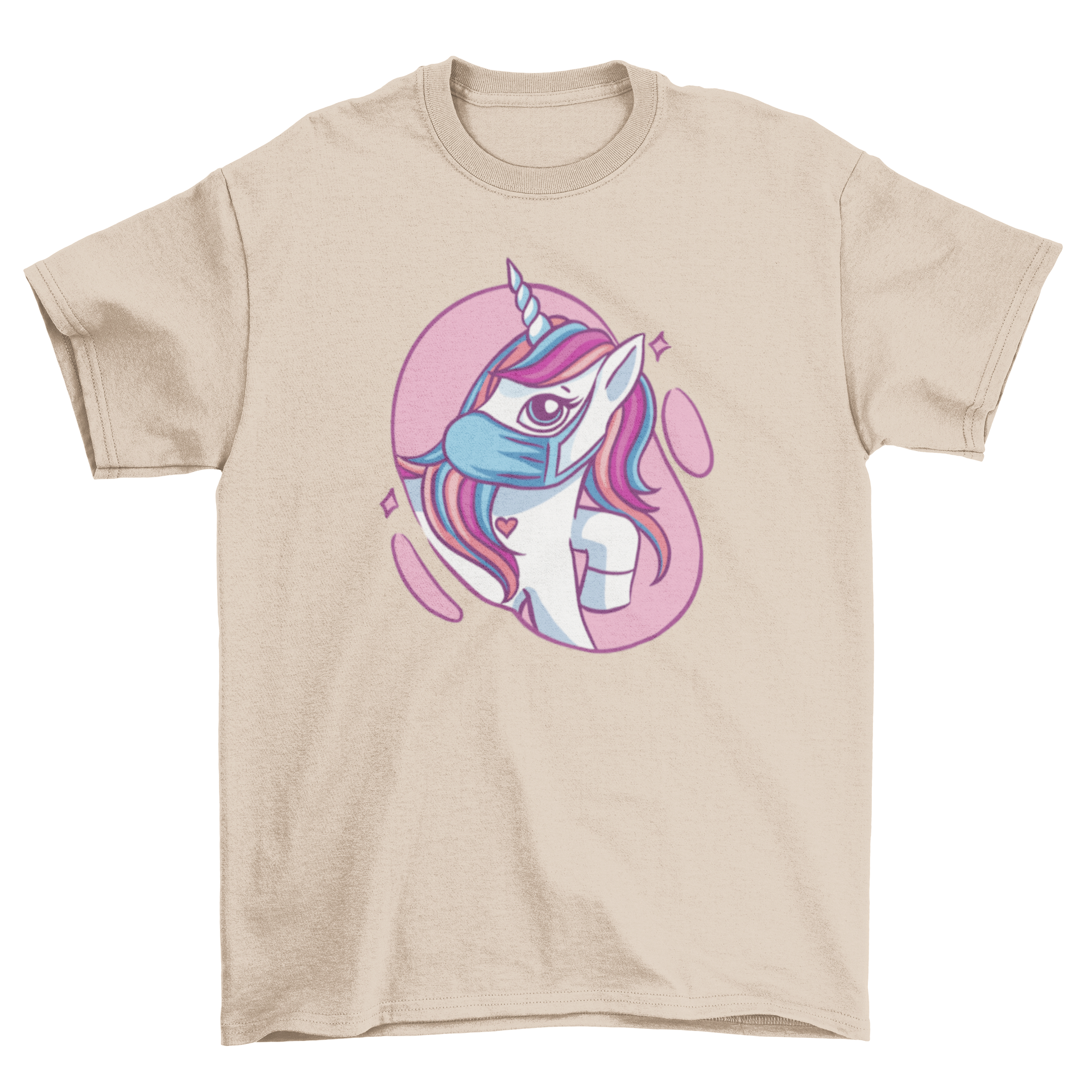 Cute t-shirt featuring a cartoon unicorn wearing a colorful face mask, perfect for kids and adults.