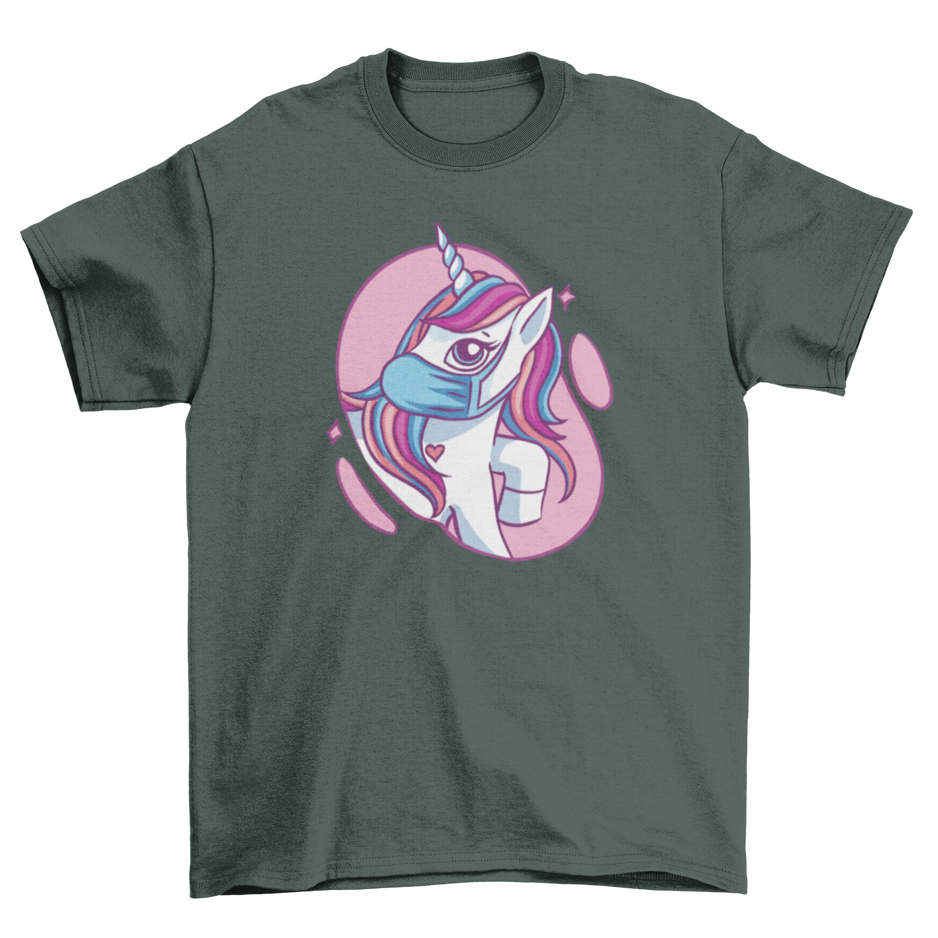 Cute t-shirt featuring a cartoon unicorn wearing a colorful face mask, perfect for kids and adults.