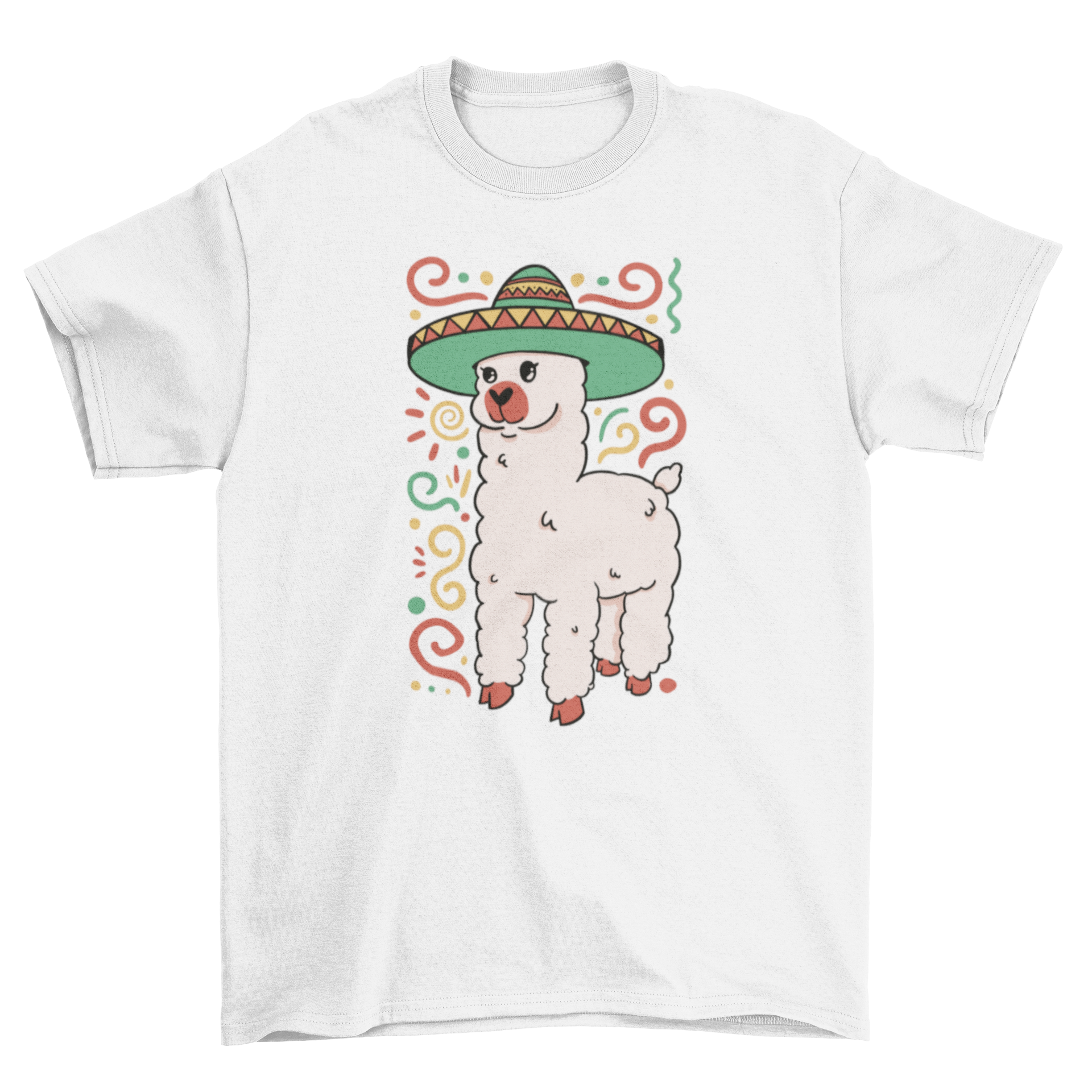 Cute t-shirt featuring an alpaca wearing a colorful Mexican hat, perfect for animal lovers.