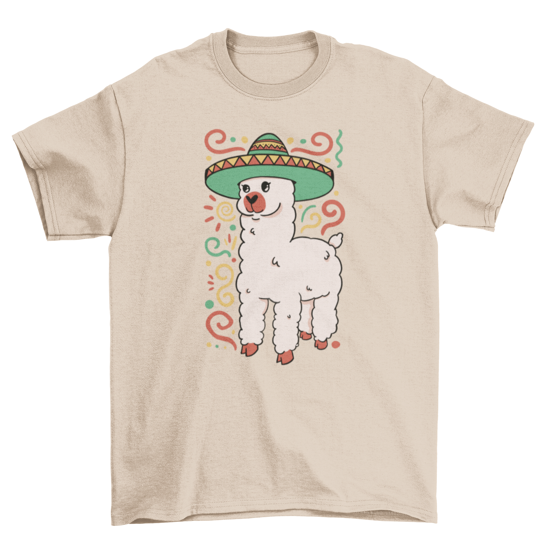 Cute t-shirt featuring an alpaca wearing a colorful Mexican hat, perfect for animal lovers.