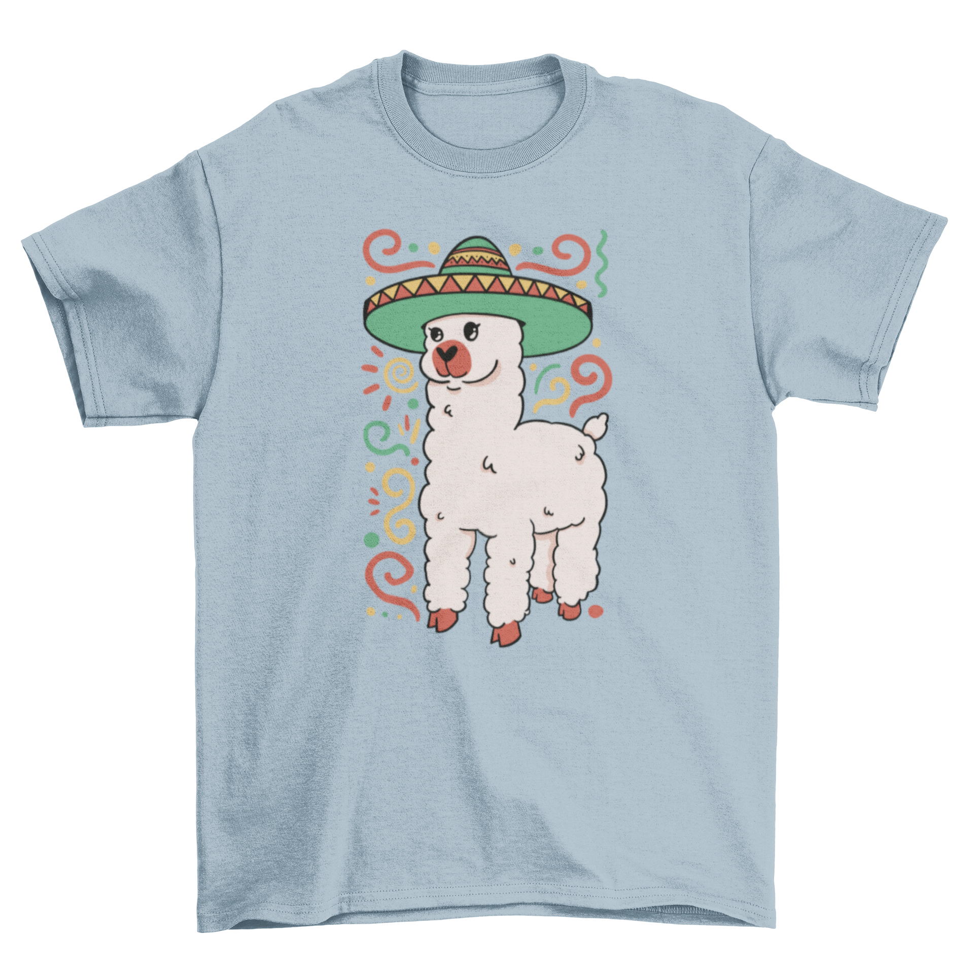 Cute t-shirt featuring an alpaca wearing a colorful Mexican hat, perfect for animal lovers.