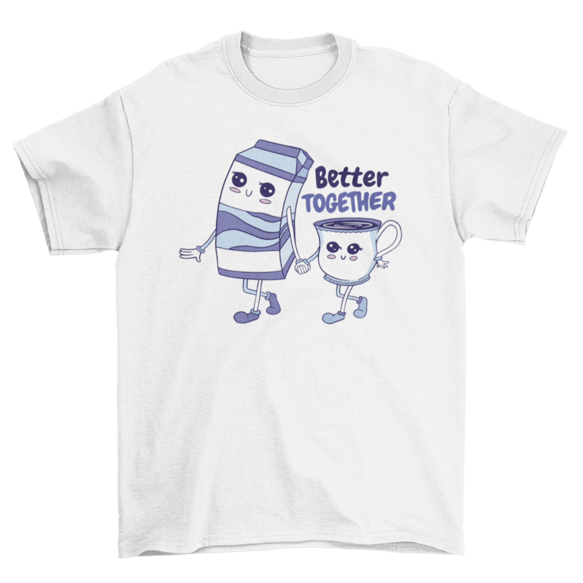 Cute t-shirt featuring a milk carton and mug holding hands with the quote 'Better together'.