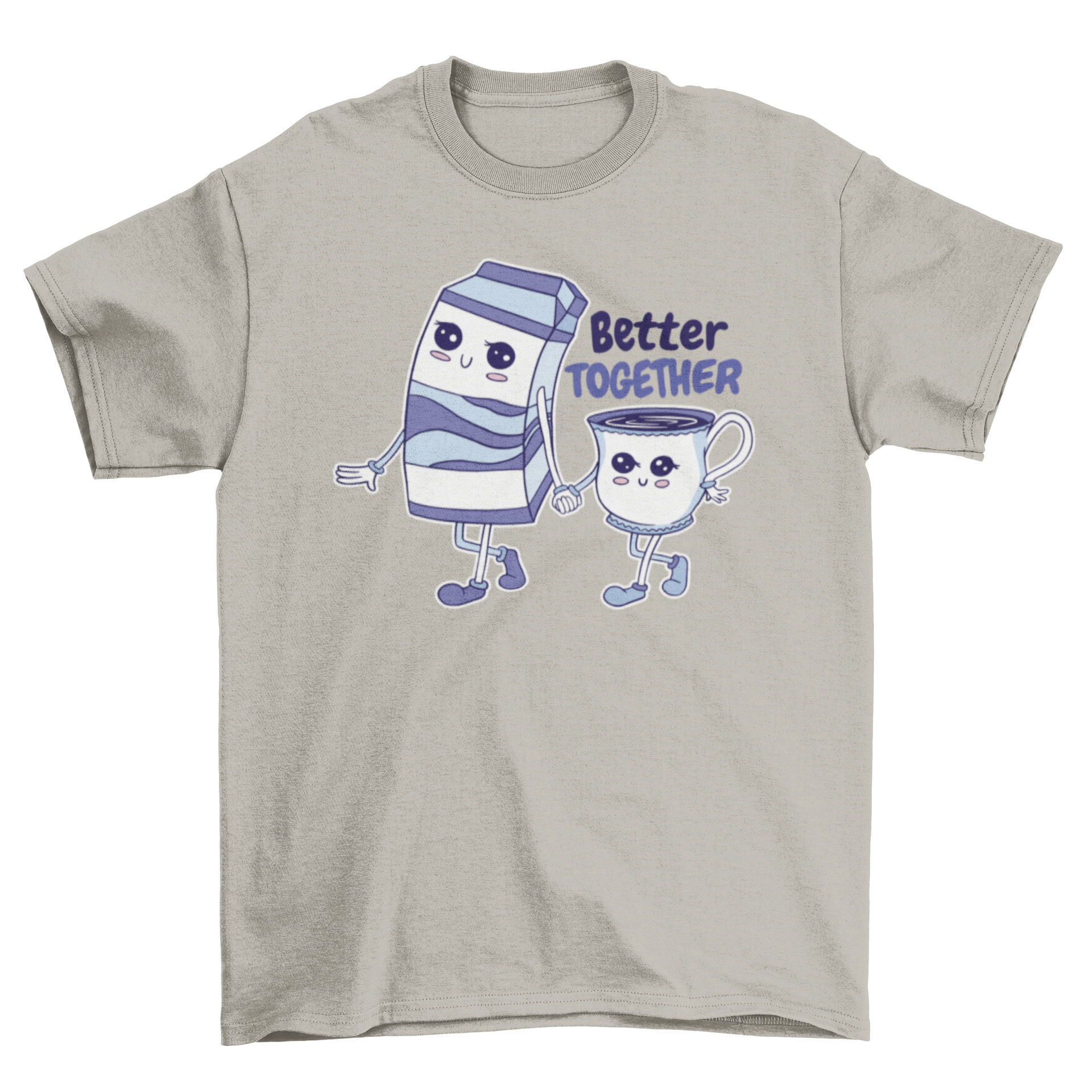 Cute t-shirt featuring a milk carton and mug holding hands with the quote 'Better together'.