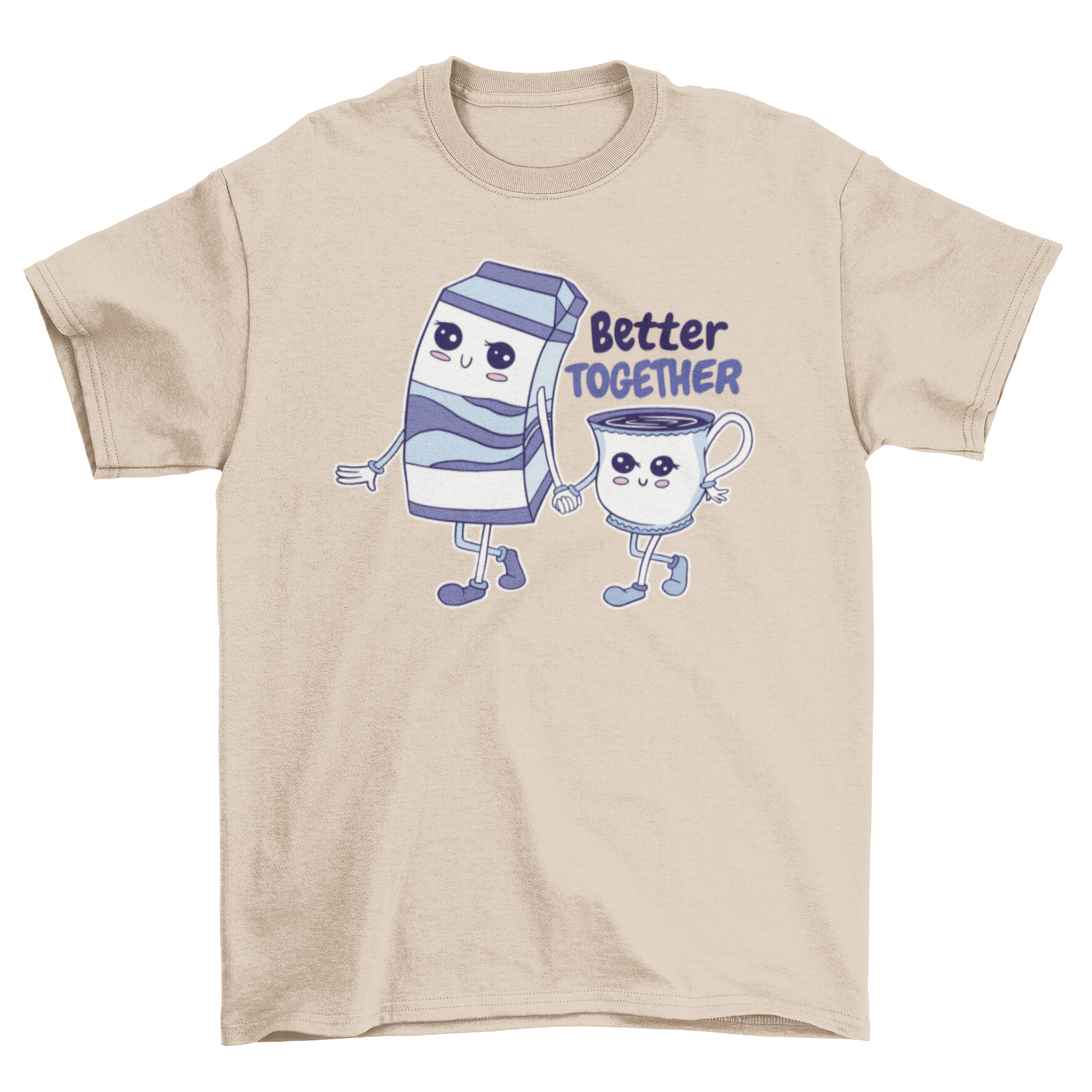 Cute t-shirt featuring a milk carton and mug holding hands with the quote 'Better together'.