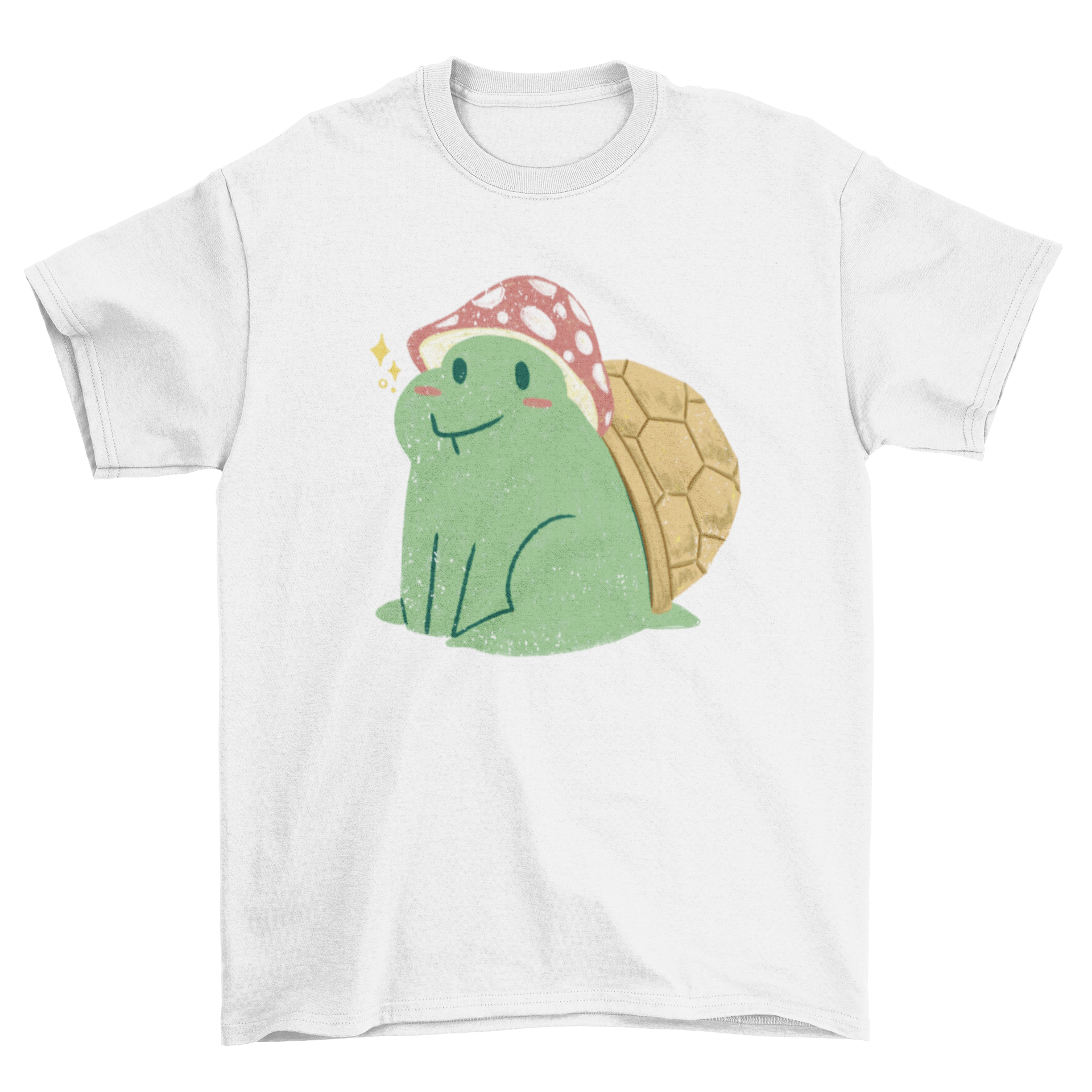 A cute t-shirt featuring a turtle wearing a colorful mushroom hat, showcasing a whimsical and playful design.