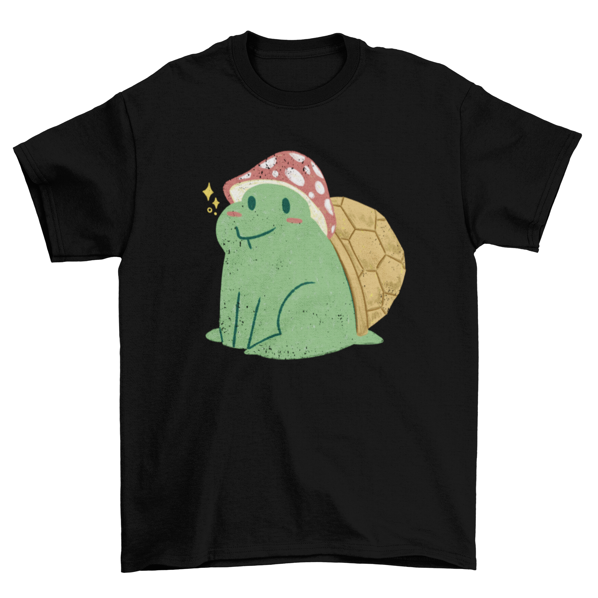 A cute t-shirt featuring a turtle wearing a colorful mushroom hat, showcasing a whimsical and playful design.