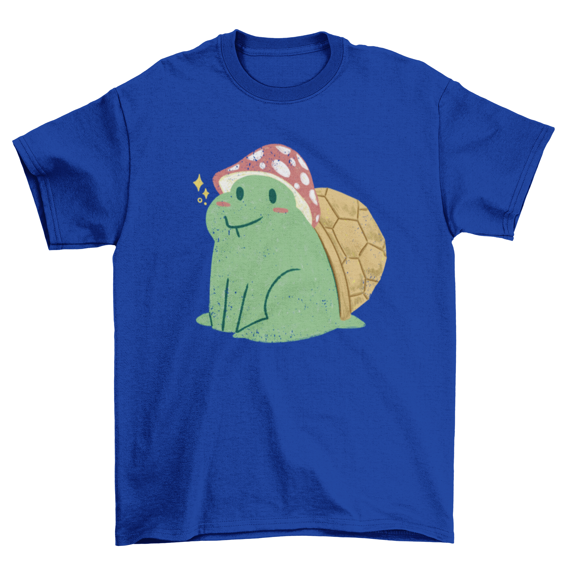 A cute t-shirt featuring a turtle wearing a colorful mushroom hat, showcasing a whimsical and playful design.