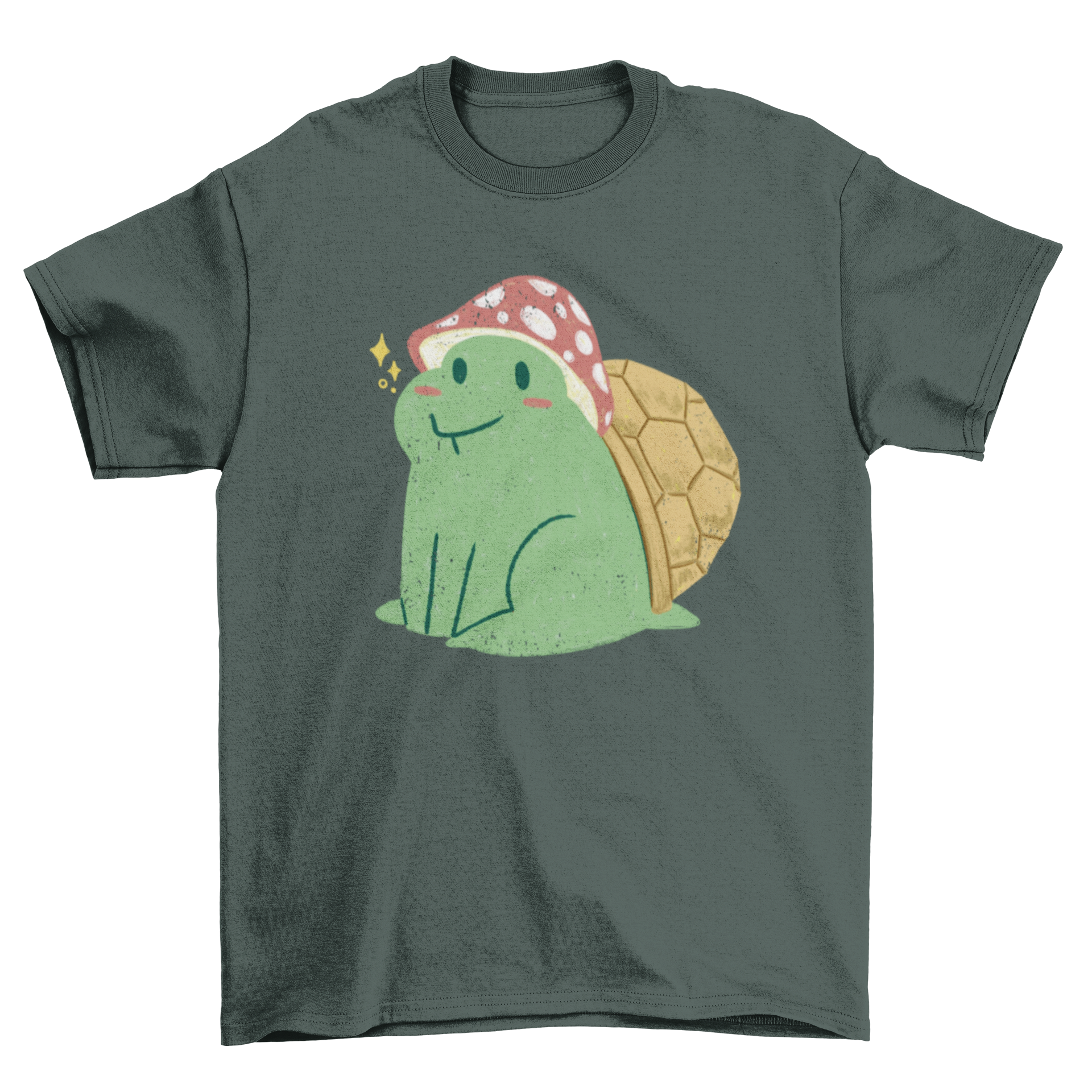 A cute t-shirt featuring a turtle wearing a colorful mushroom hat, showcasing a whimsical and playful design.