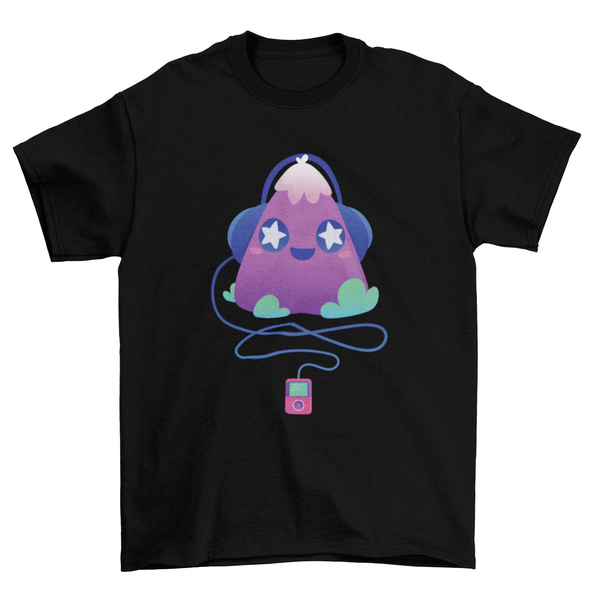 Cute music t-shirt design featuring a violet triangle creature with stars in its eyes and headphones listening to music.