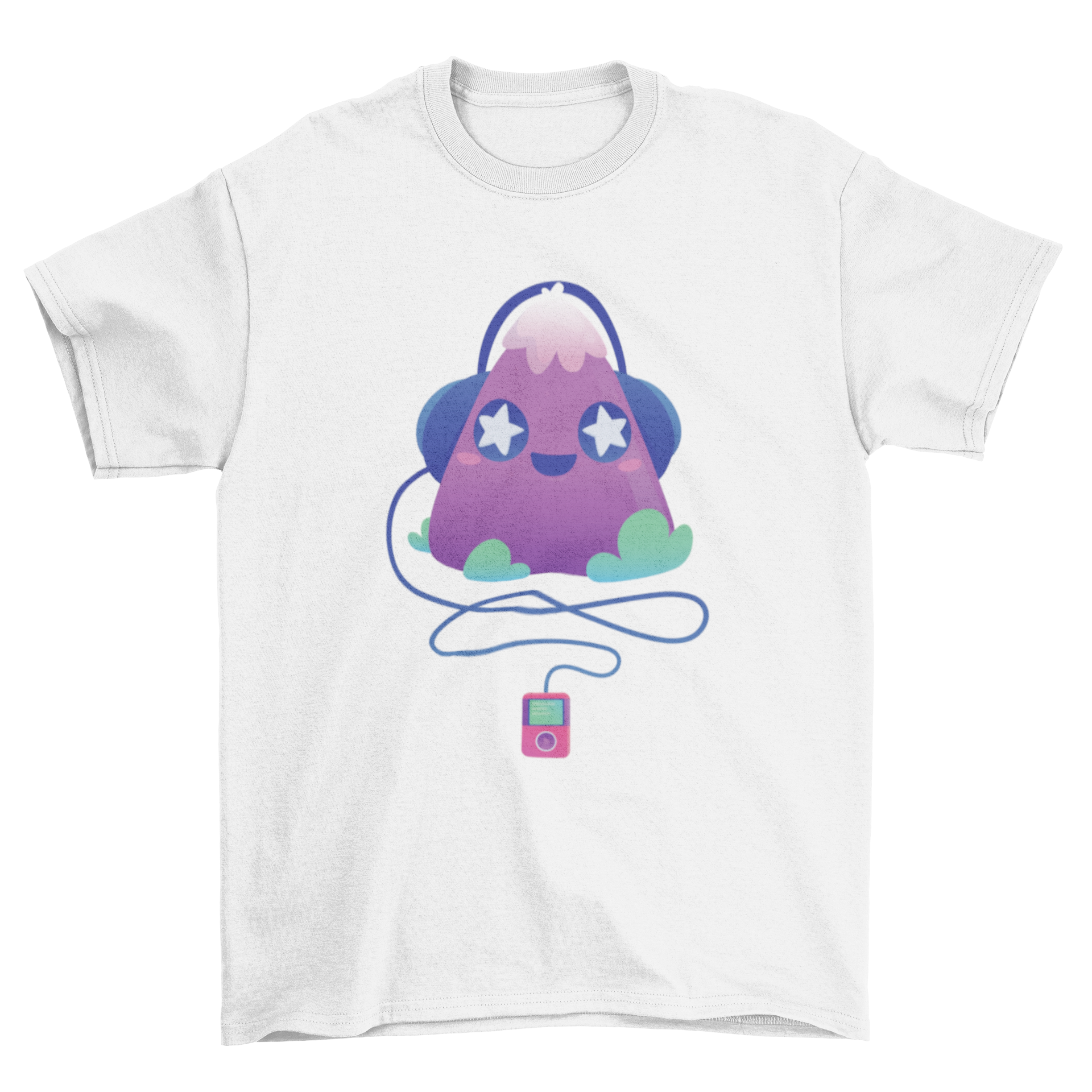 Cute music t-shirt design featuring a violet triangle creature with stars in its eyes and headphones listening to music.