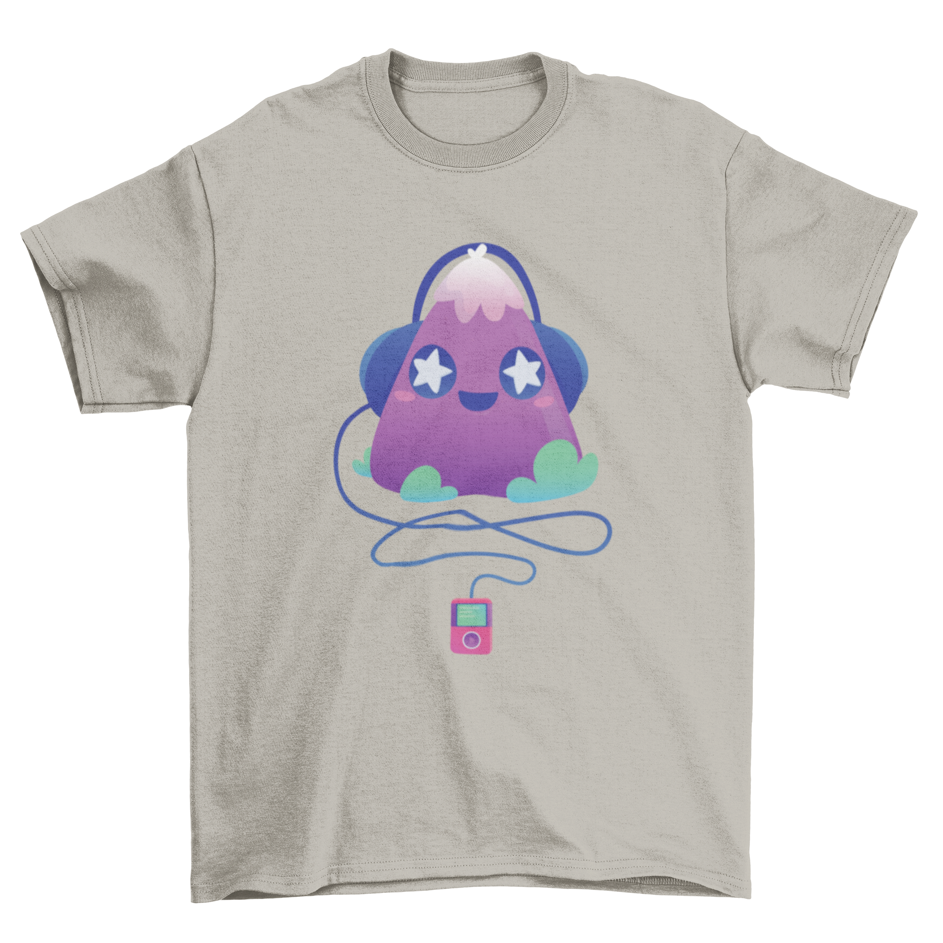 Cute music t-shirt design featuring a violet triangle creature with stars in its eyes and headphones listening to music.