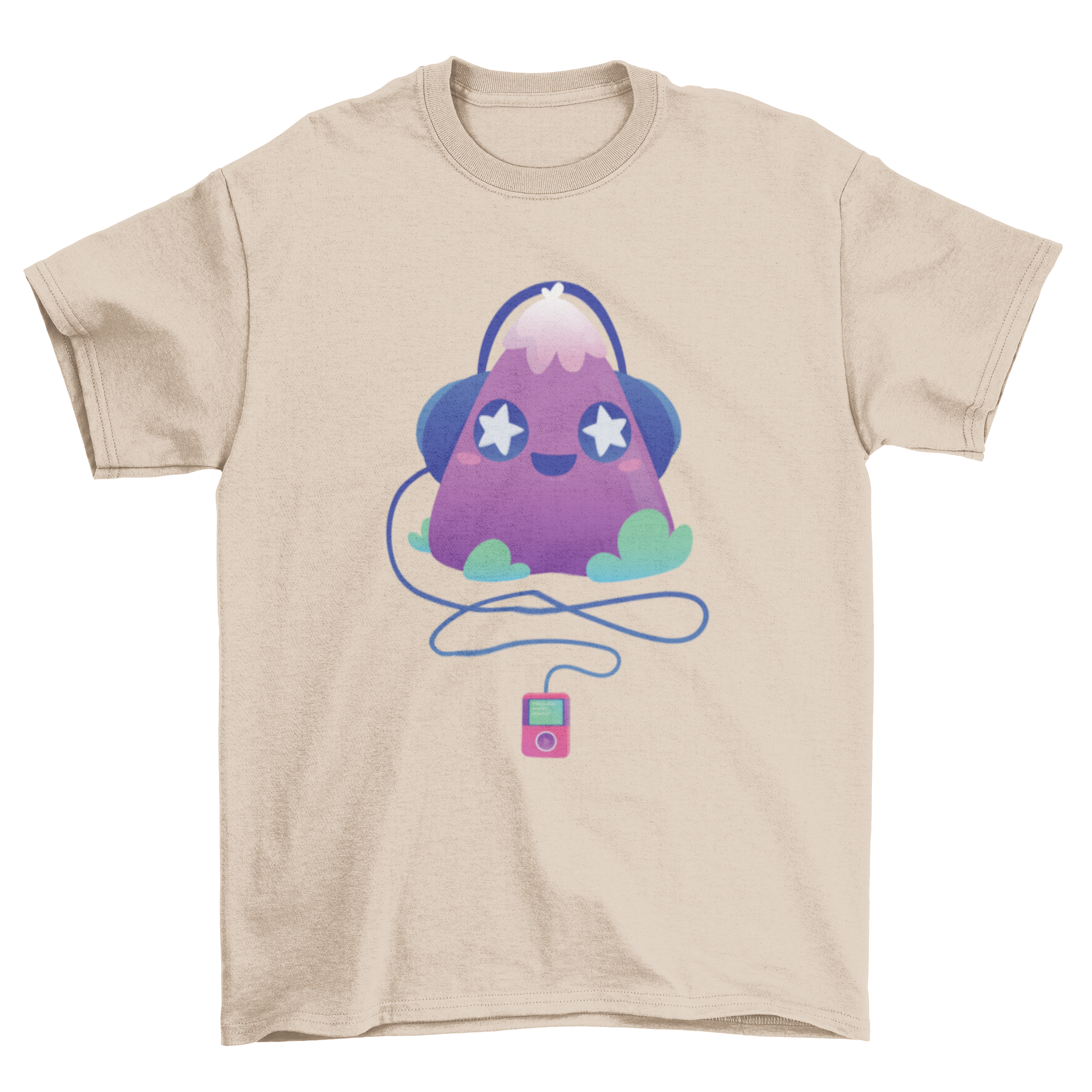 Cute music t-shirt design featuring a violet triangle creature with stars in its eyes and headphones listening to music.