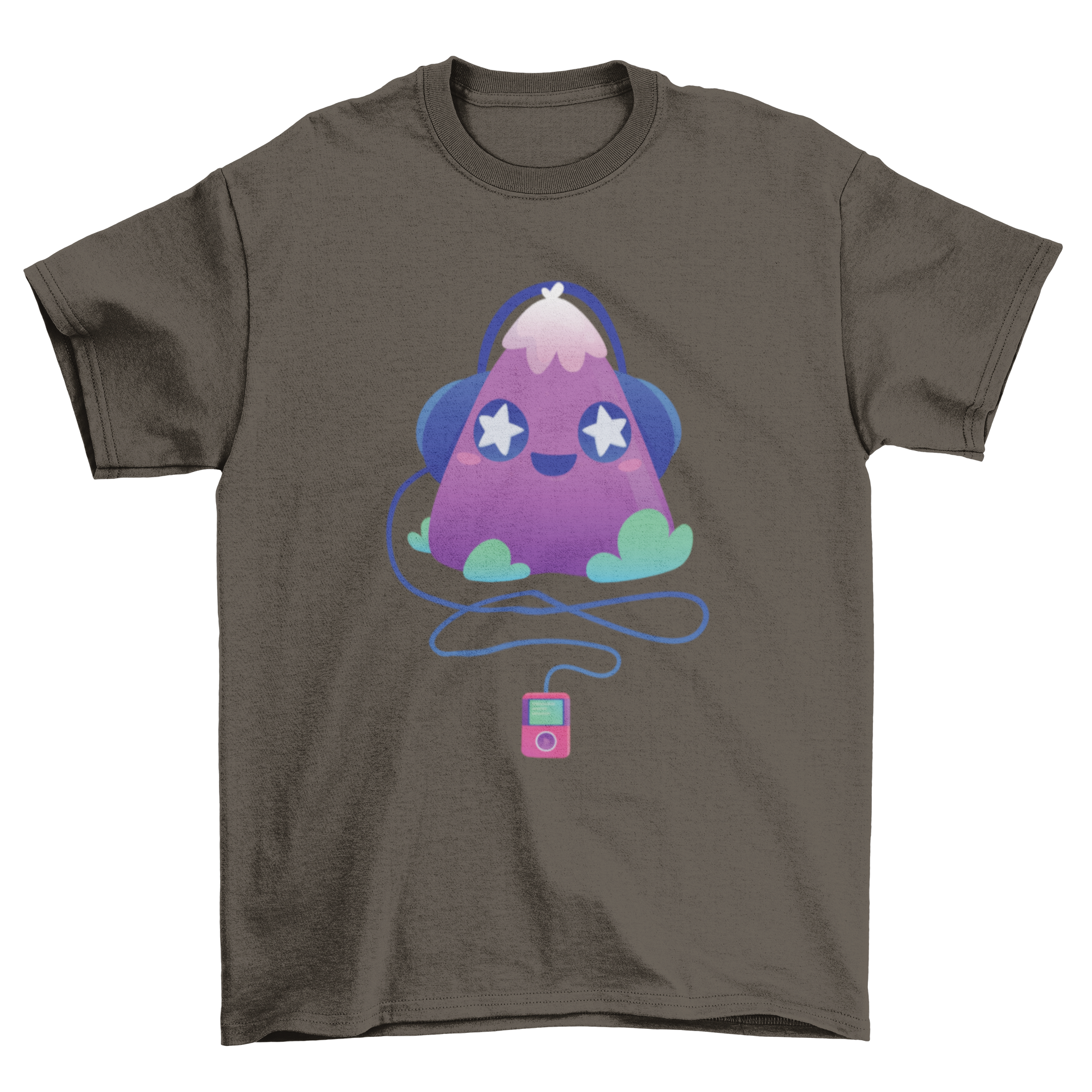 Cute music t-shirt design featuring a violet triangle creature with stars in its eyes and headphones listening to music.