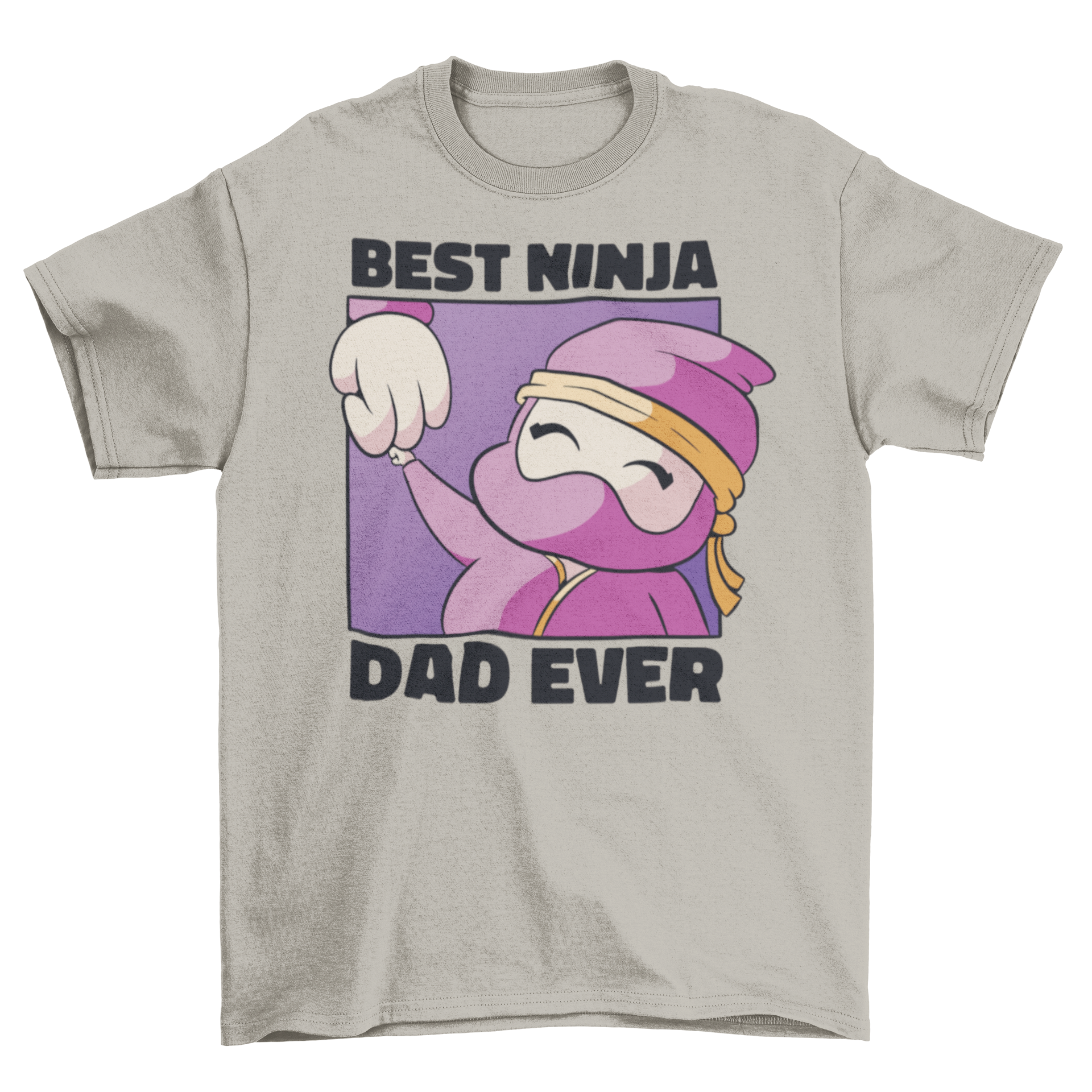 Cute ninja dad t-shirt featuring a ninja kid holding his father's hand with the quote 'Best ninja dad ever'.