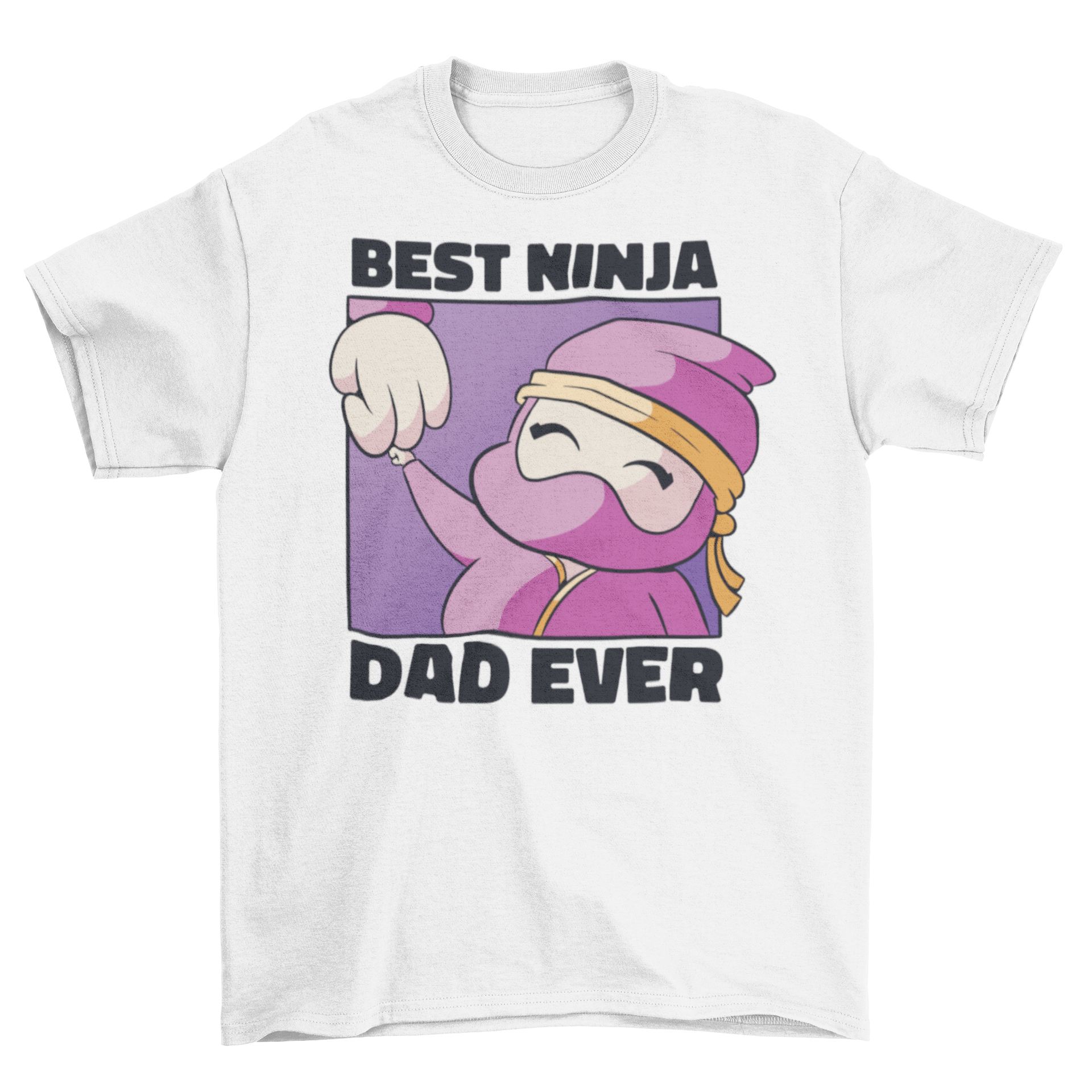 Cute ninja dad t-shirt featuring a ninja kid holding his father's hand with the quote 'Best ninja dad ever'.