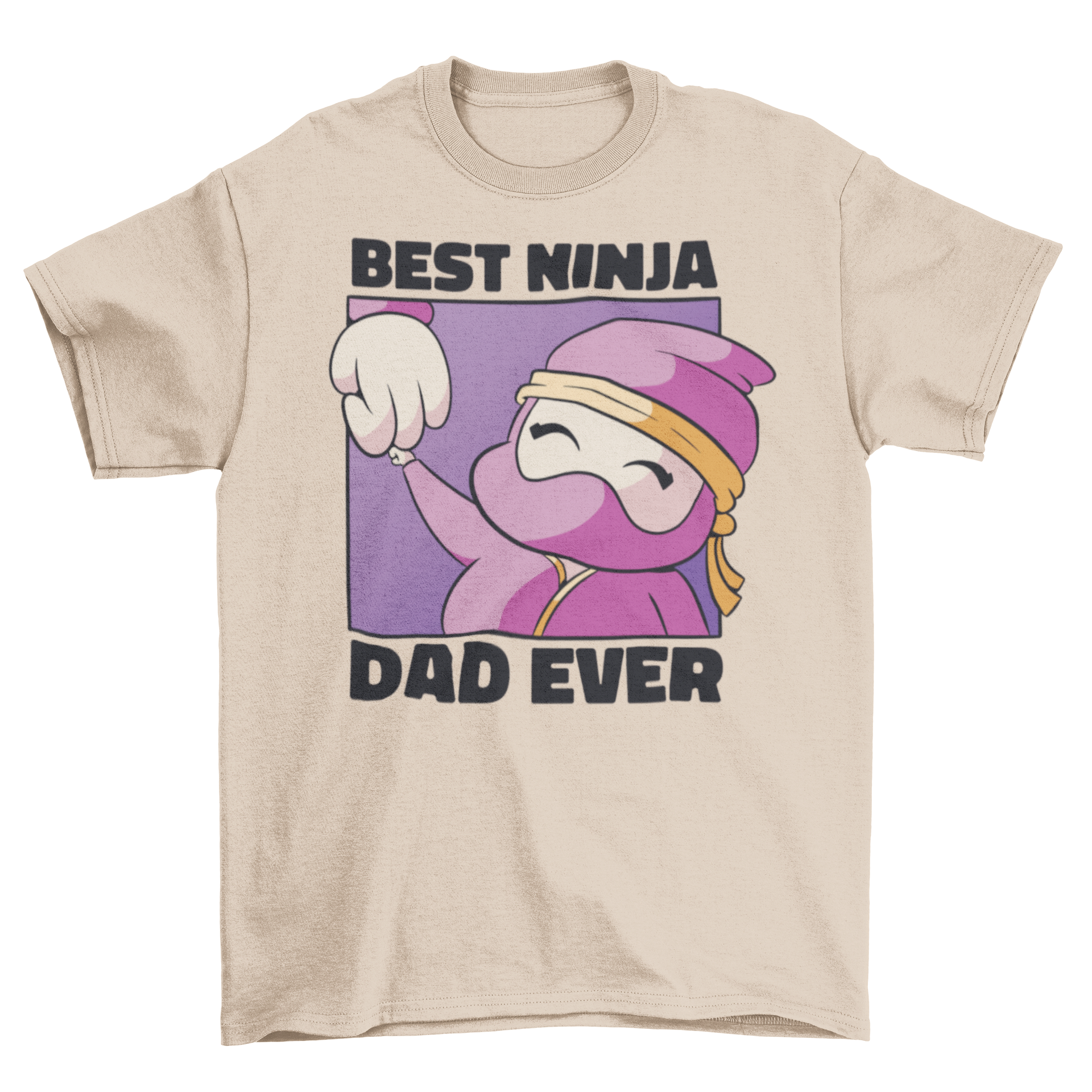 Cute ninja dad t-shirt featuring a ninja kid holding his father's hand with the quote 'Best ninja dad ever'.