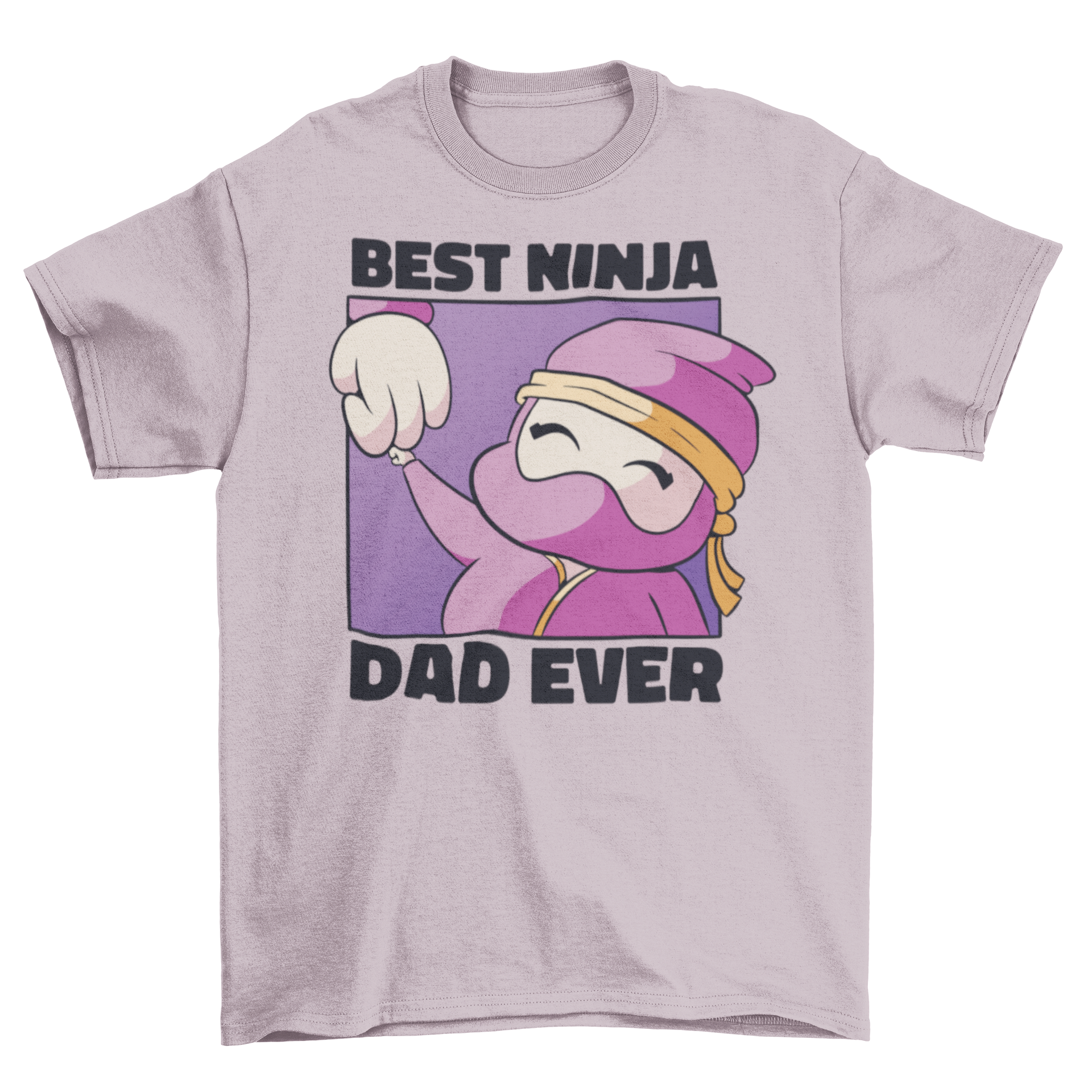 Cute ninja dad t-shirt featuring a ninja kid holding his father's hand with the quote 'Best ninja dad ever'.