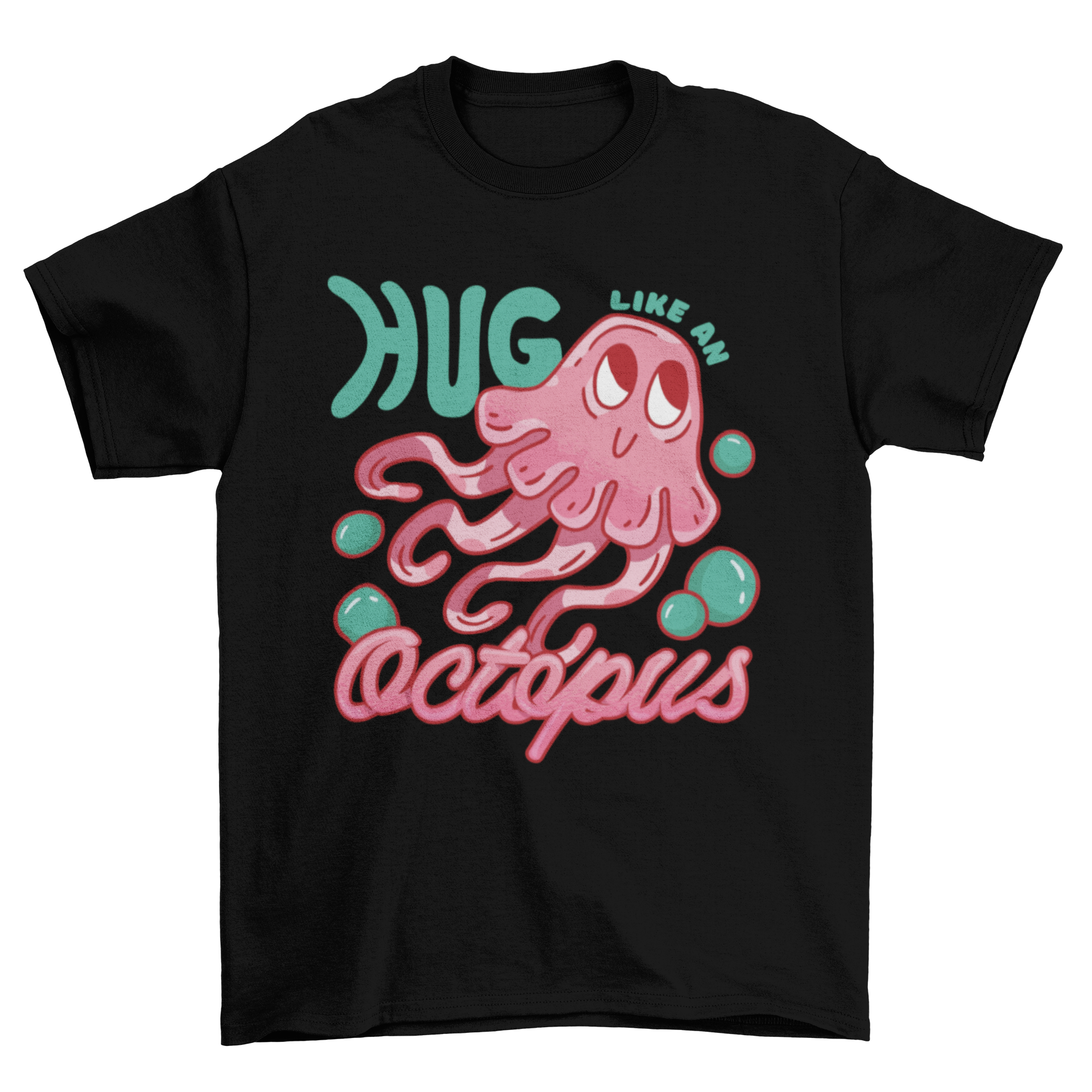 Cute pink octopus t-shirt design with the quote 'Hug like an octopus', perfect for ocean lovers.