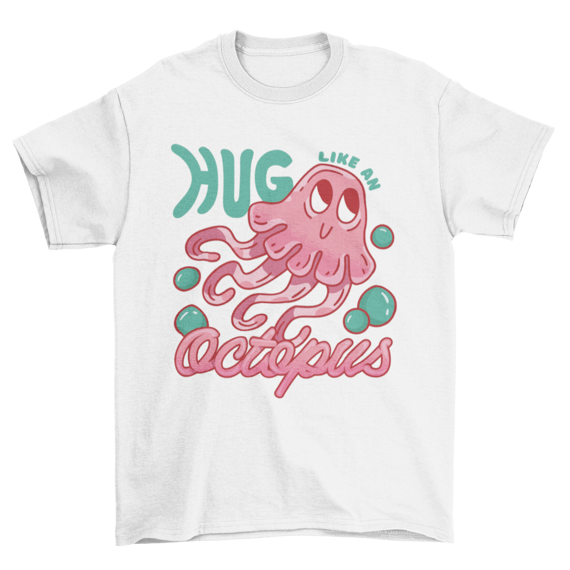 Cute pink octopus t-shirt design with the quote 'Hug like an octopus', perfect for ocean lovers.