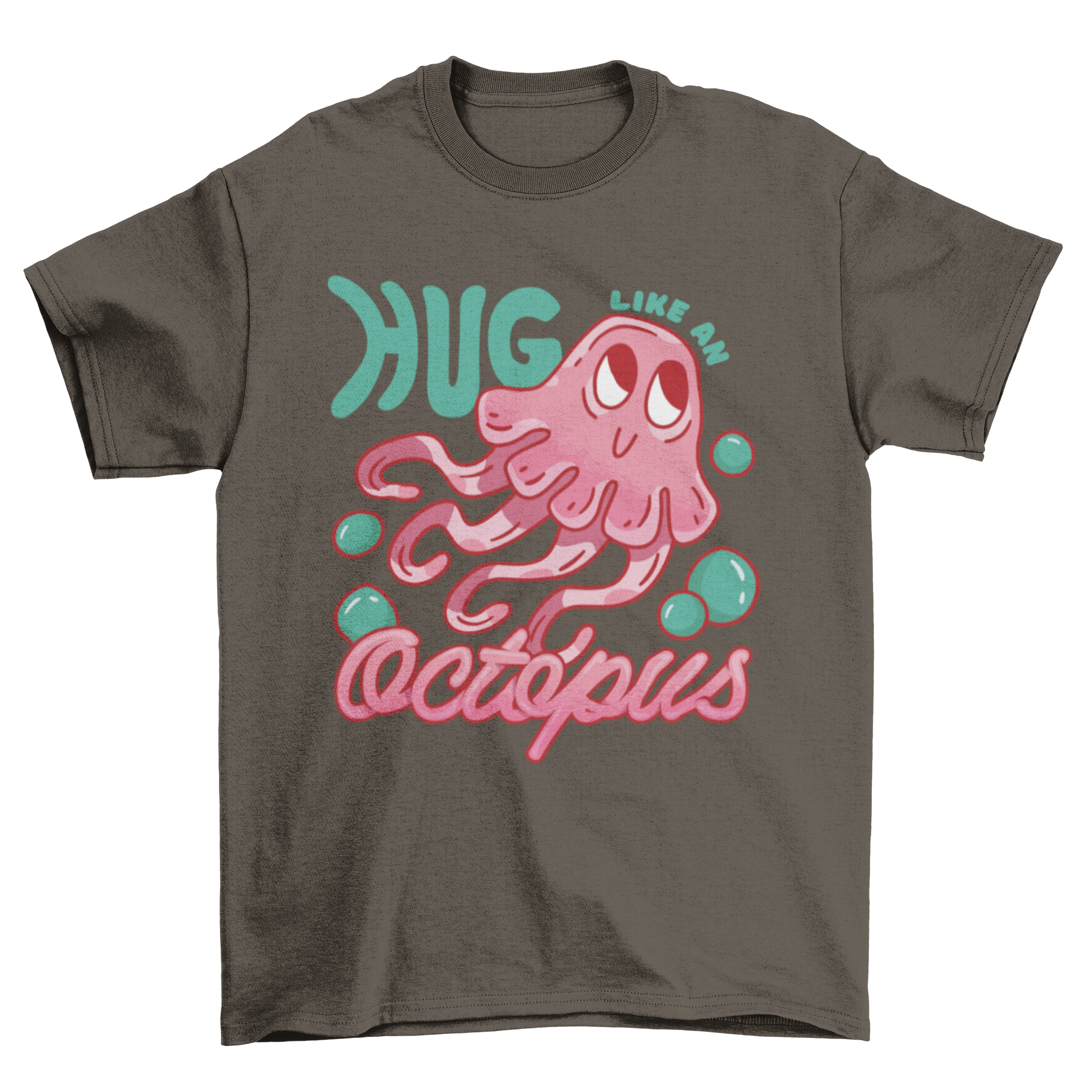 Cute pink octopus t-shirt design with the quote 'Hug like an octopus', perfect for ocean lovers.