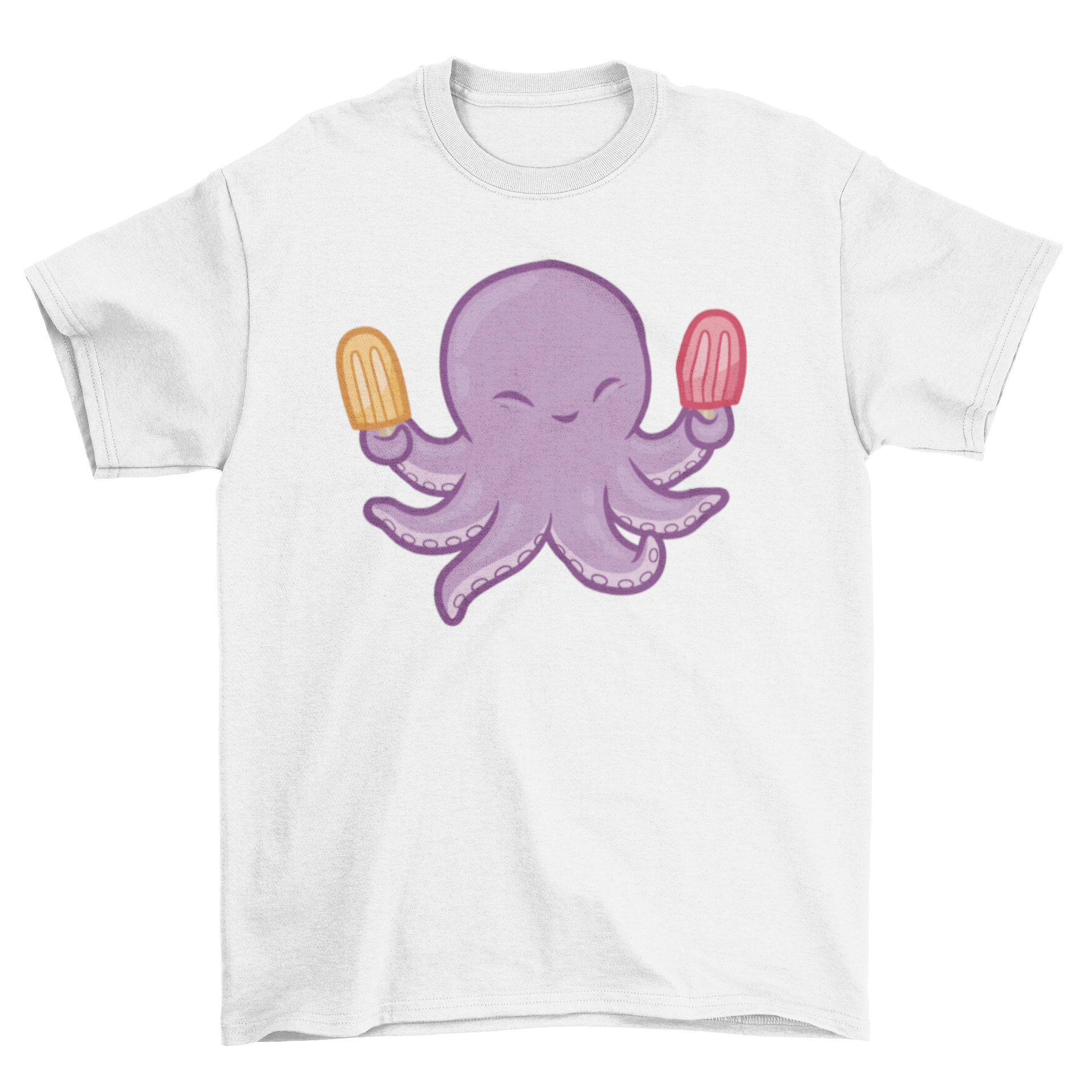 Cute octopus t-shirt design featuring a playful octopus holding two colorful popsicles.