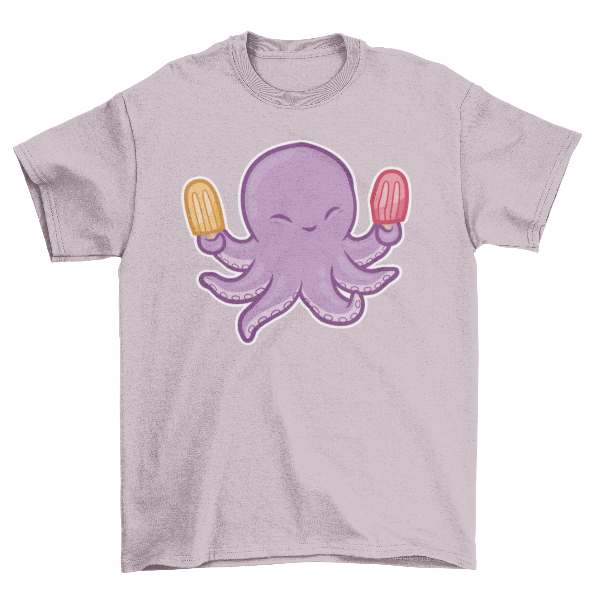 Cute octopus t-shirt design featuring a playful octopus holding two colorful popsicles.