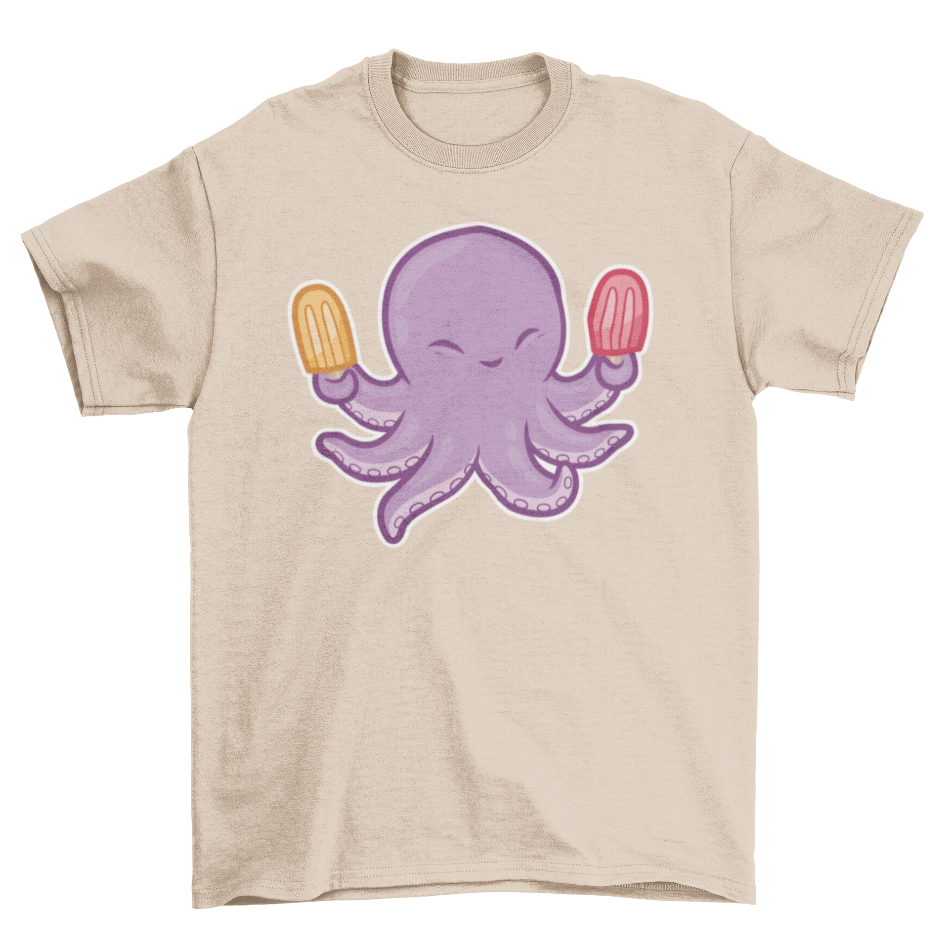 Cute octopus t-shirt design featuring a playful octopus holding two colorful popsicles.