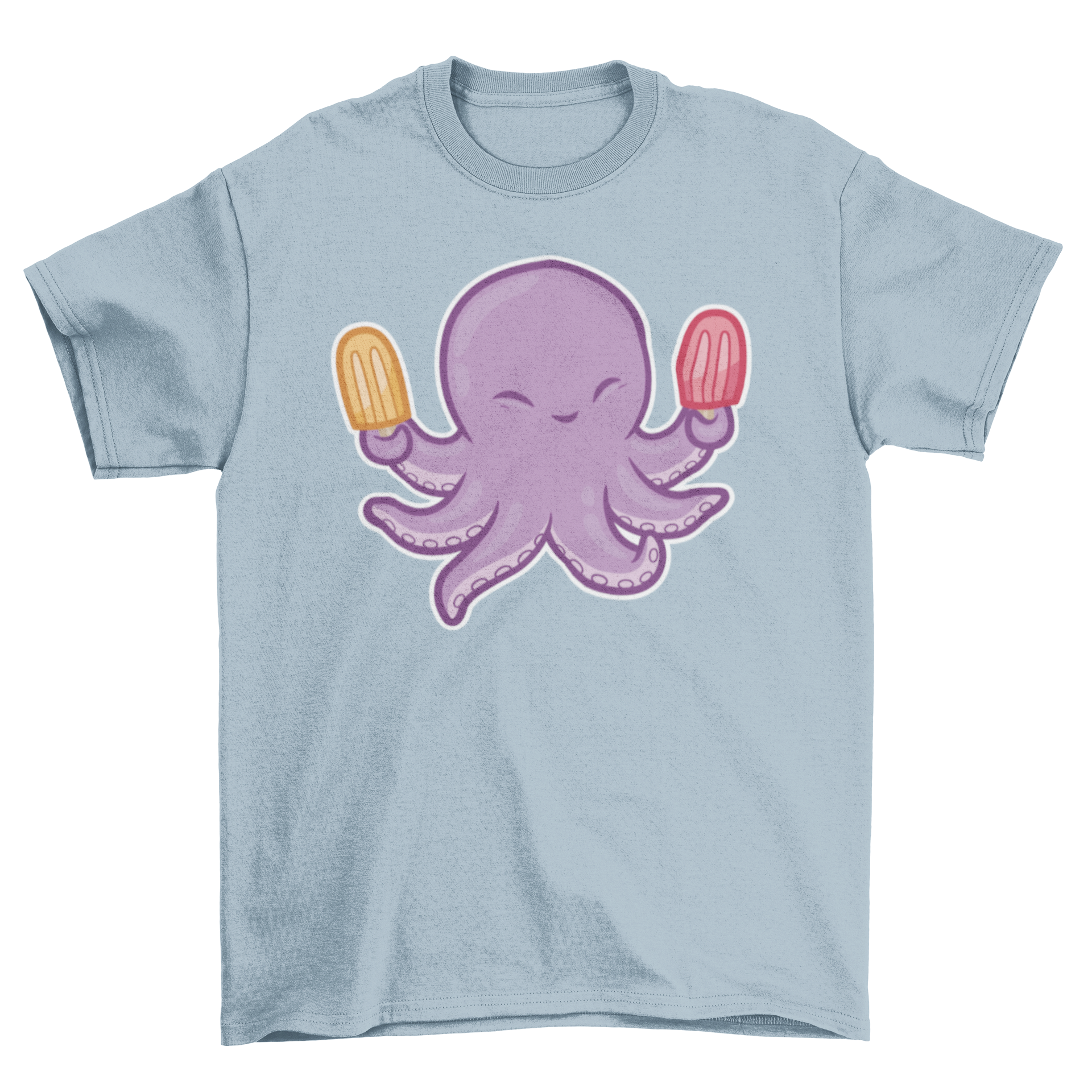 Cute octopus t-shirt design featuring a playful octopus holding two colorful popsicles.