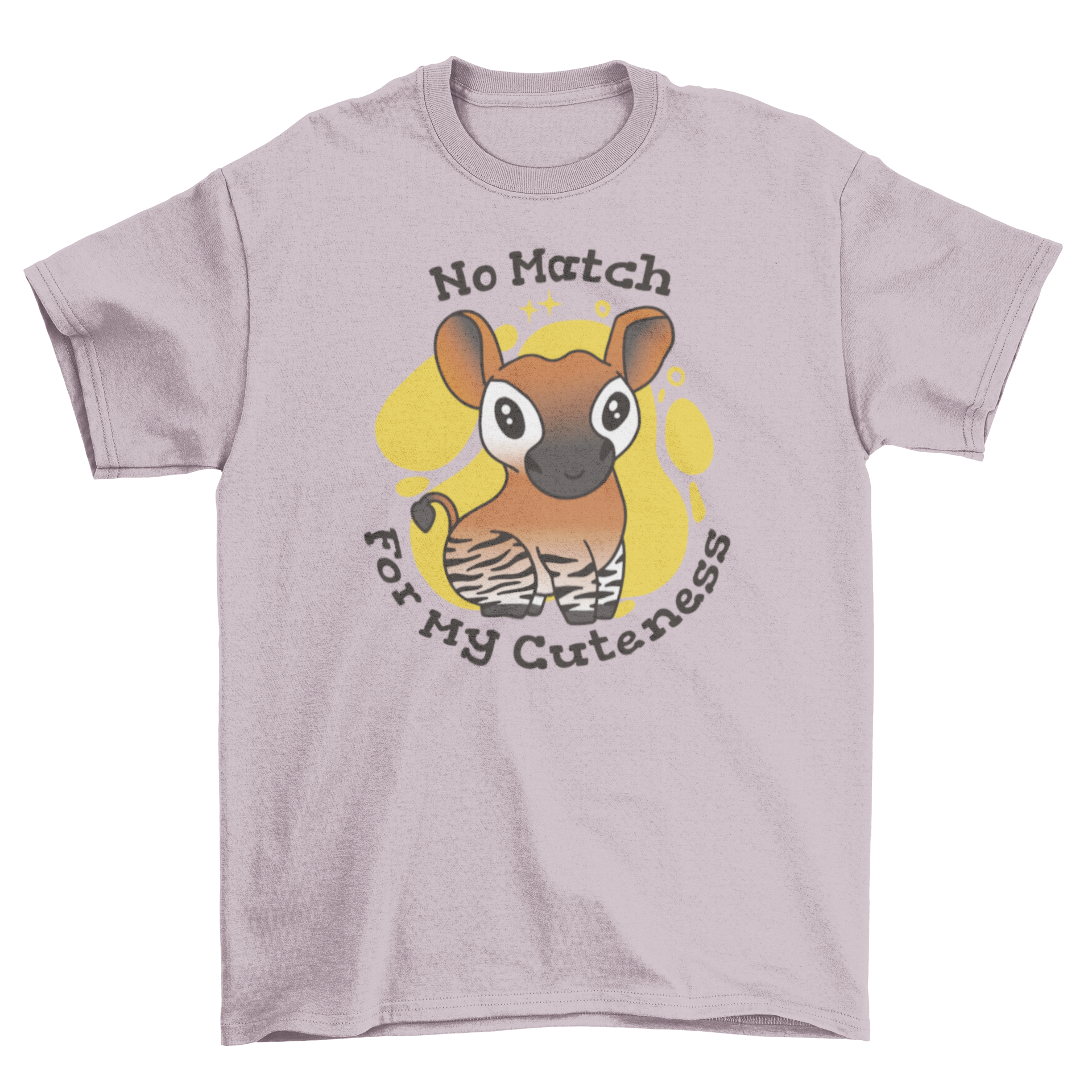 A cute okapi t-shirt featuring a charming graphic of an okapi and the quote 'No match for my cuteness'.