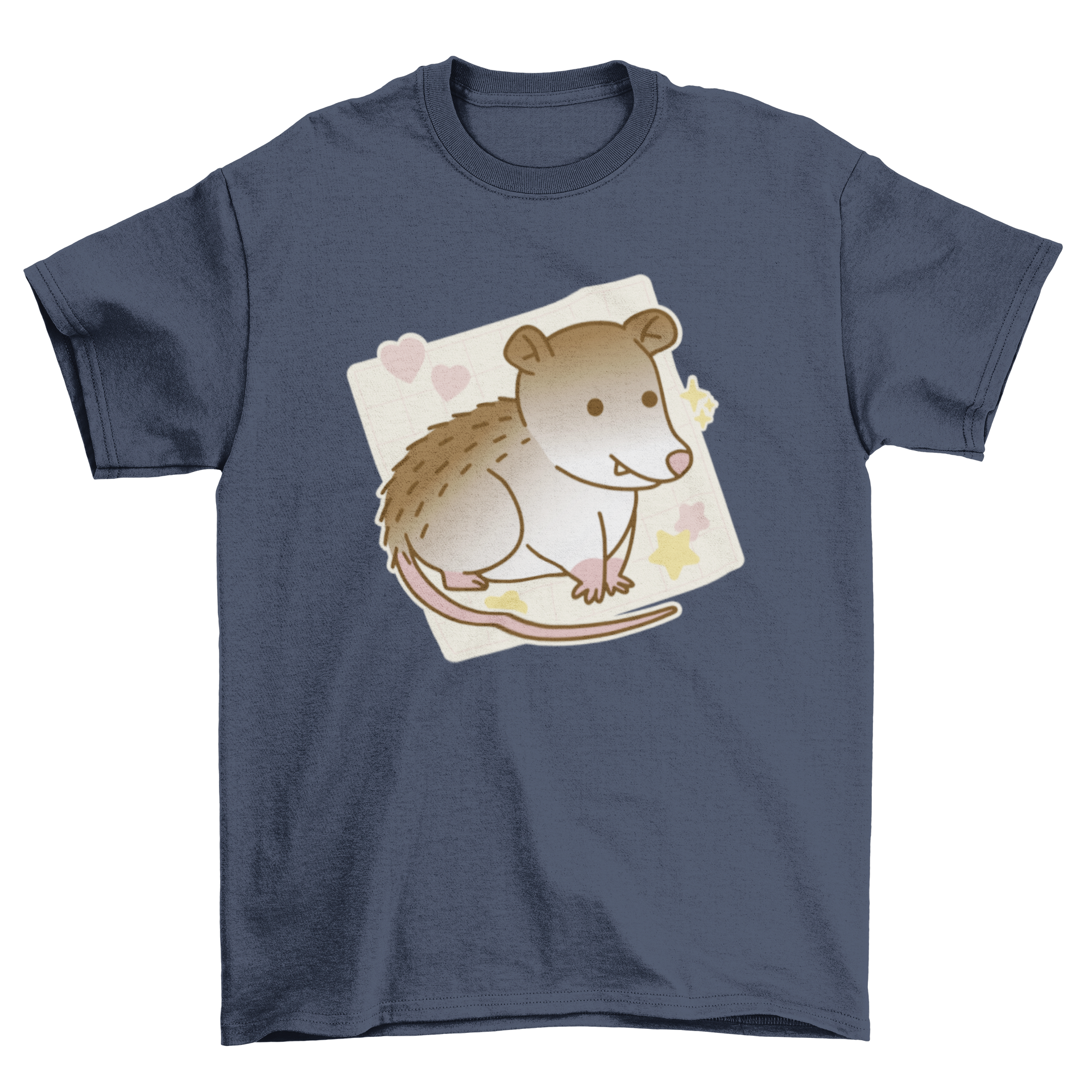 A cute cartoon opossum printed on a soft t-shirt, showcasing its playful design.