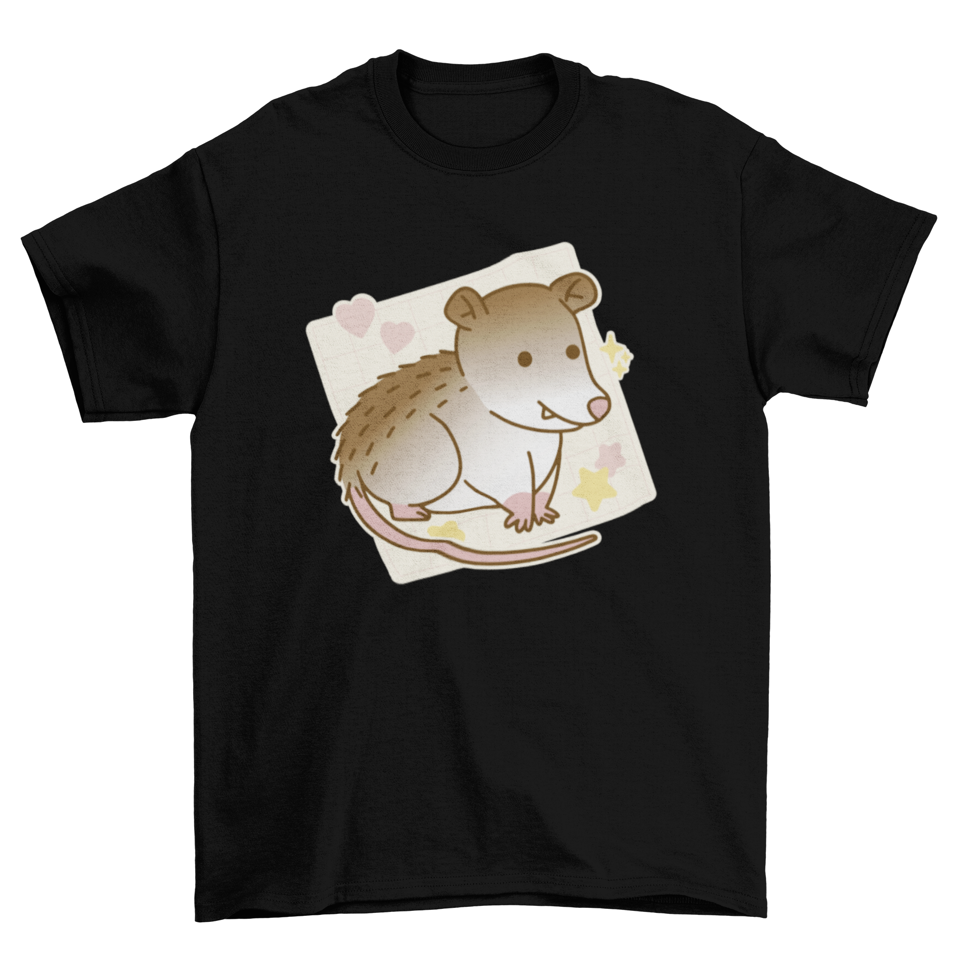 A cute cartoon opossum printed on a soft t-shirt, showcasing its playful design.