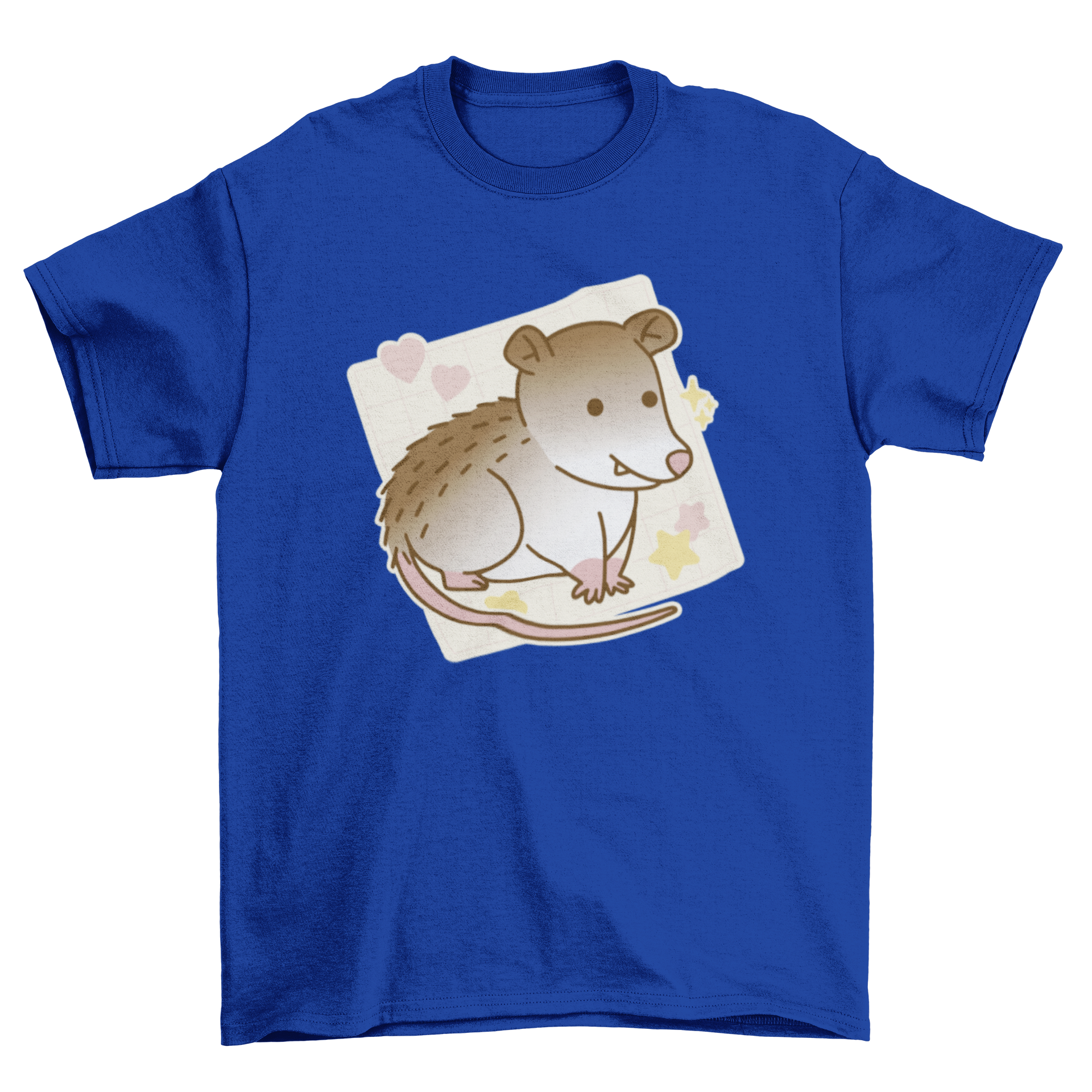 A cute cartoon opossum printed on a soft t-shirt, showcasing its playful design.