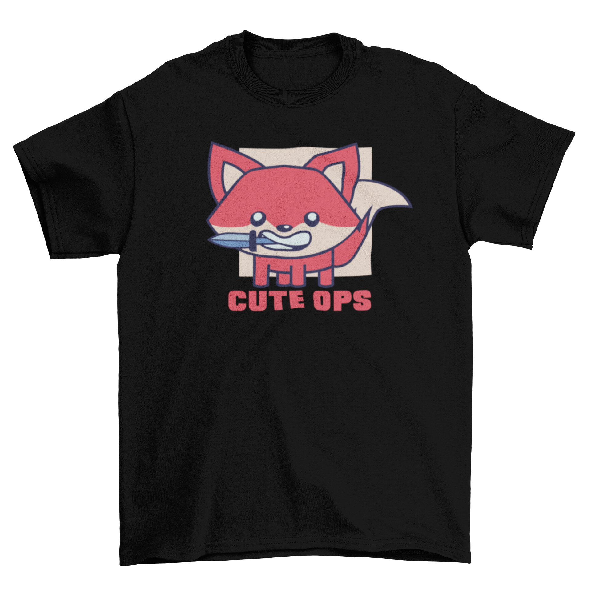 Cute ops fox t-shirt featuring a playful fox illustration with a knife and the caption 'Cute ops'.