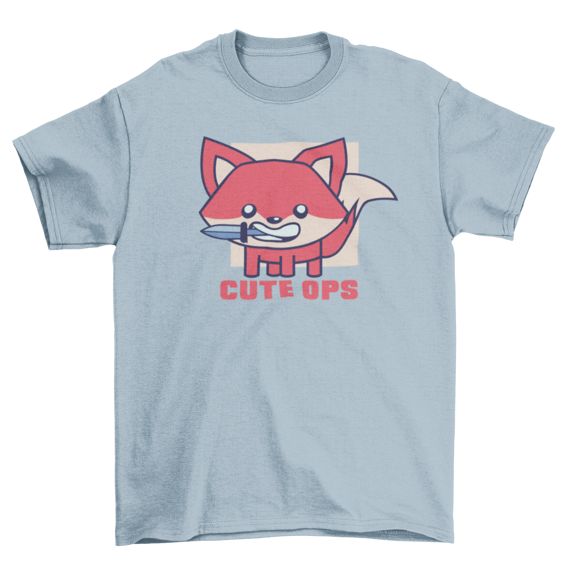 Cute ops fox t-shirt featuring a playful fox illustration with a knife and the caption 'Cute ops'.