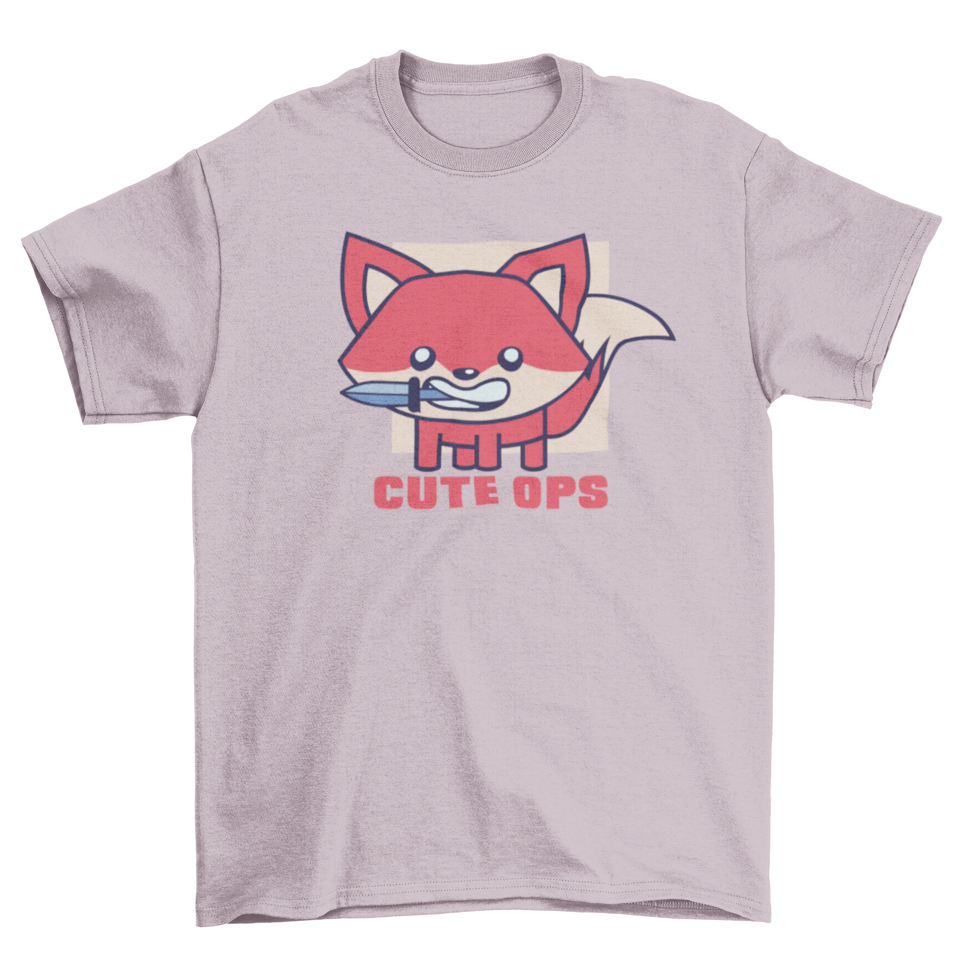 Cute ops fox t-shirt featuring a playful fox illustration with a knife and the caption 'Cute ops'.